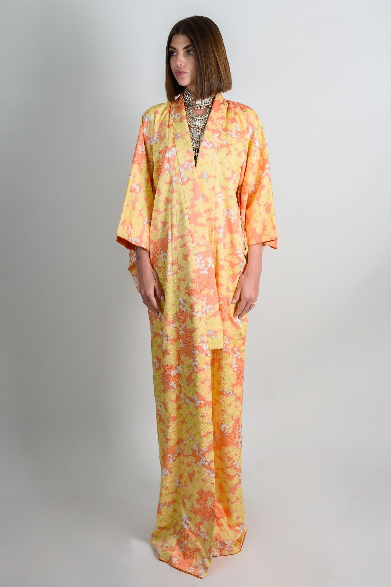 Handmade Silk Kimono Robe: Sunset Chrysanthemum Japanese Fashion