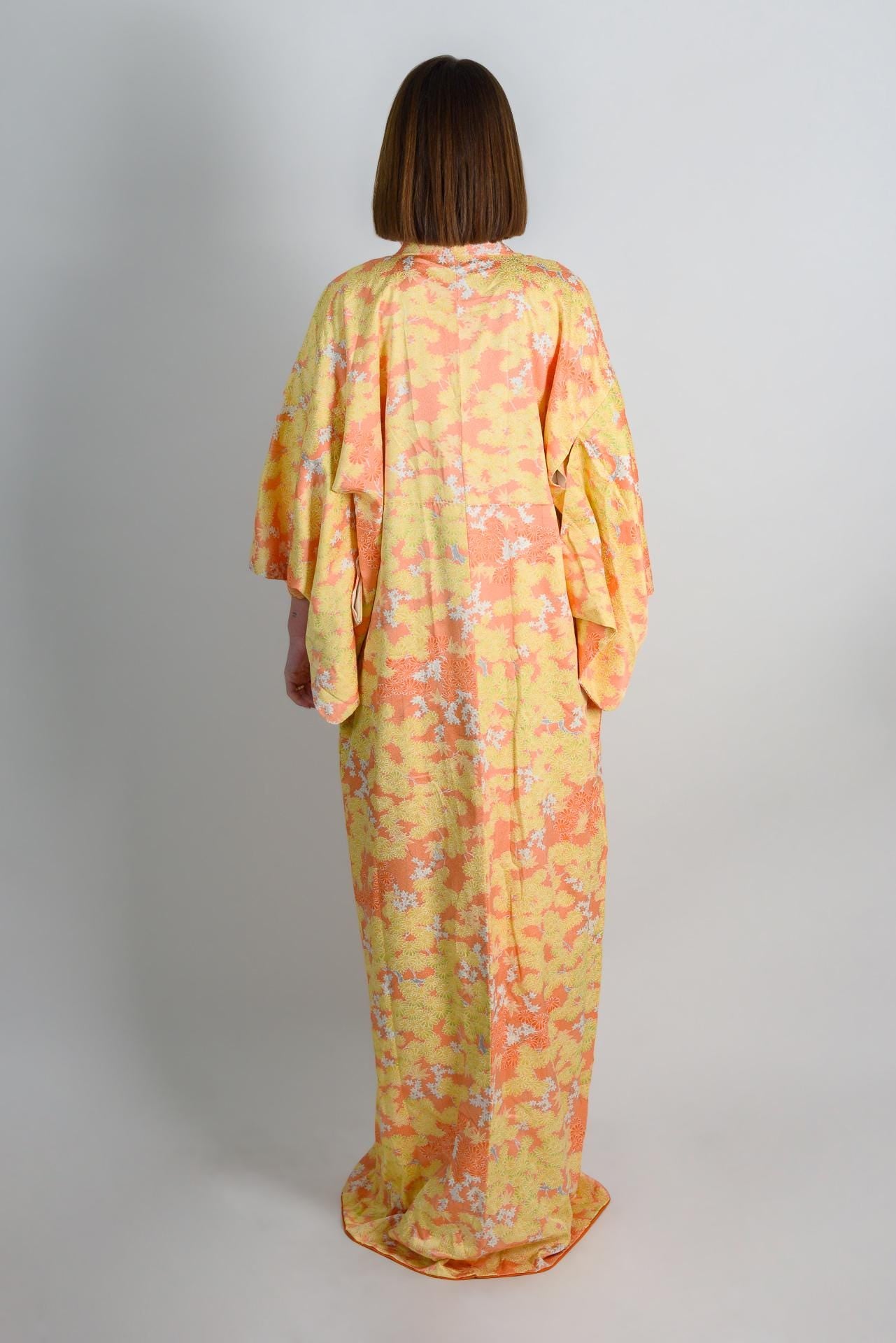 Handmade Silk Kimono Robe: Sunset Chrysanthemum Japanese Fashion