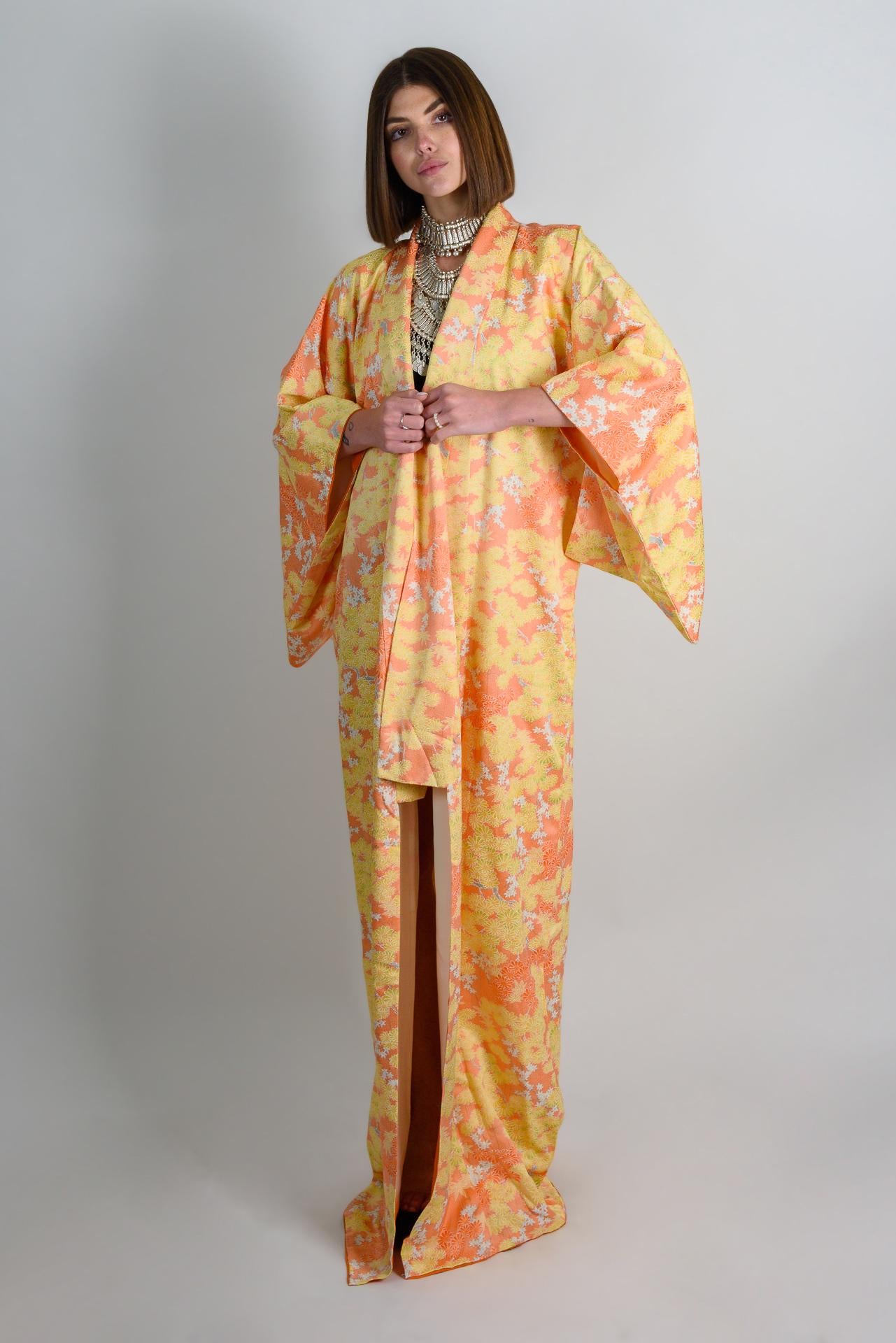 Handmade Silk Kimono Robe: Sunset Chrysanthemum Japanese Fashion