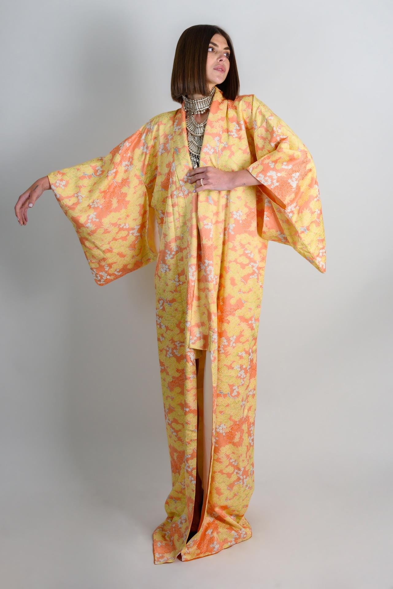 Handmade Silk Kimono Robe: Sunset Chrysanthemum Japanese Fashion