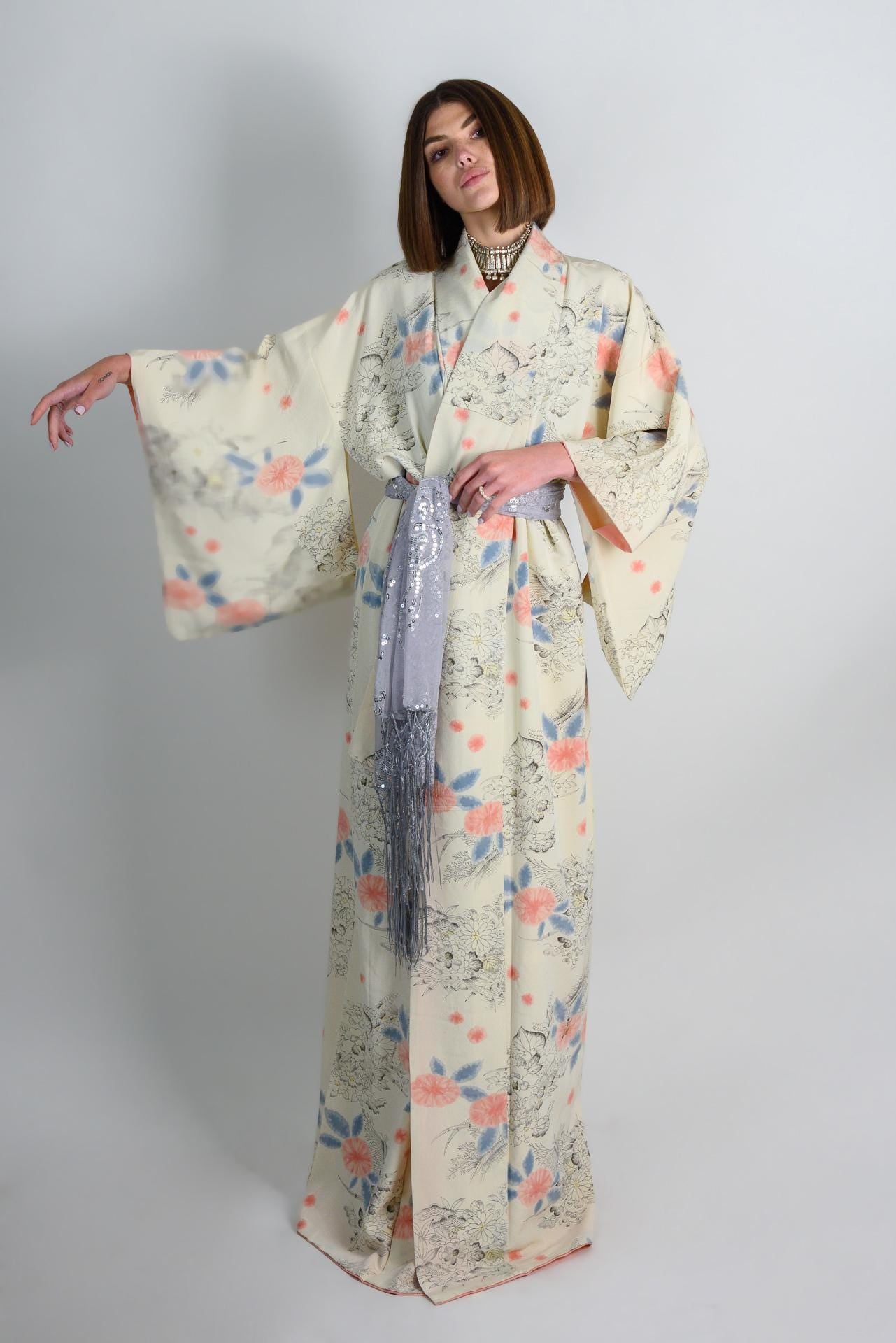 Handmade Silk Kimono Robe | Floral Japanese Clothing