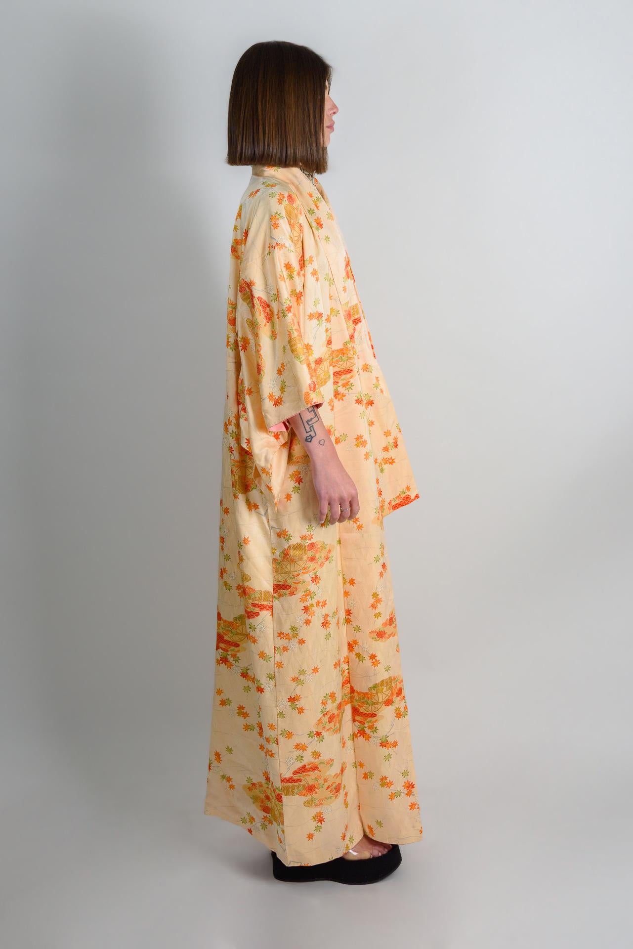 Handmade Silk Kimono: Japanese Chrysanthemum & Carriage Print