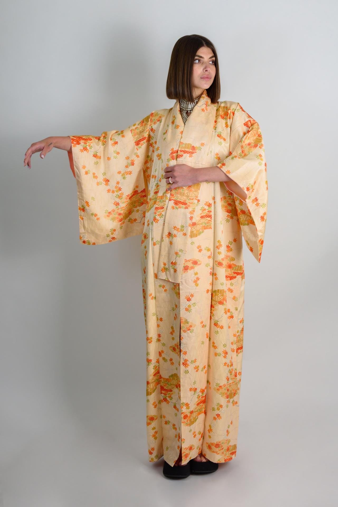 Handmade Silk Kimono: Japanese Chrysanthemum & Carriage Print