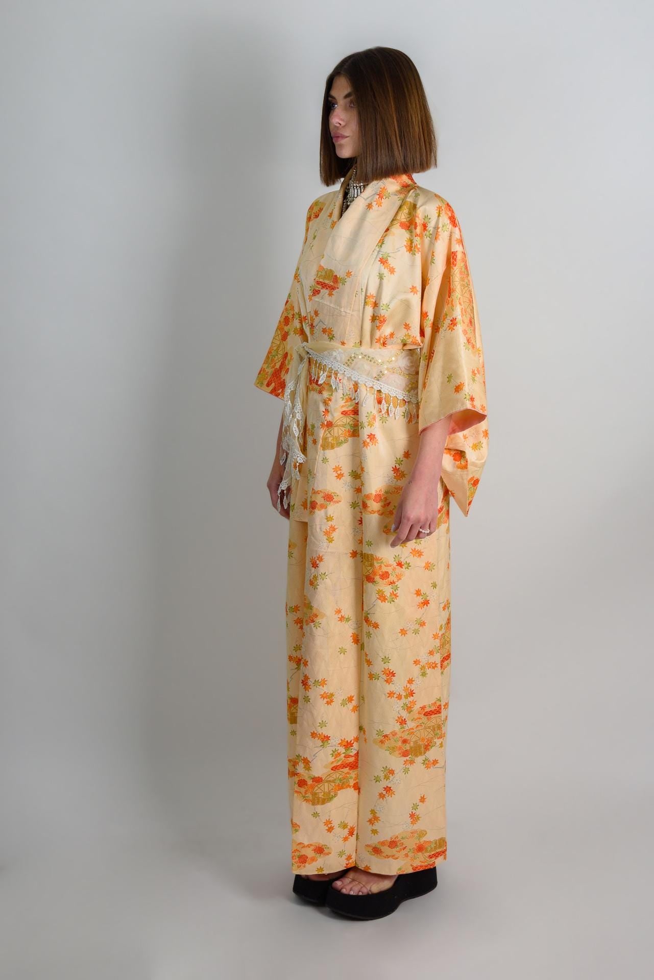 Handmade Silk Kimono: Japanese Chrysanthemum & Carriage Print