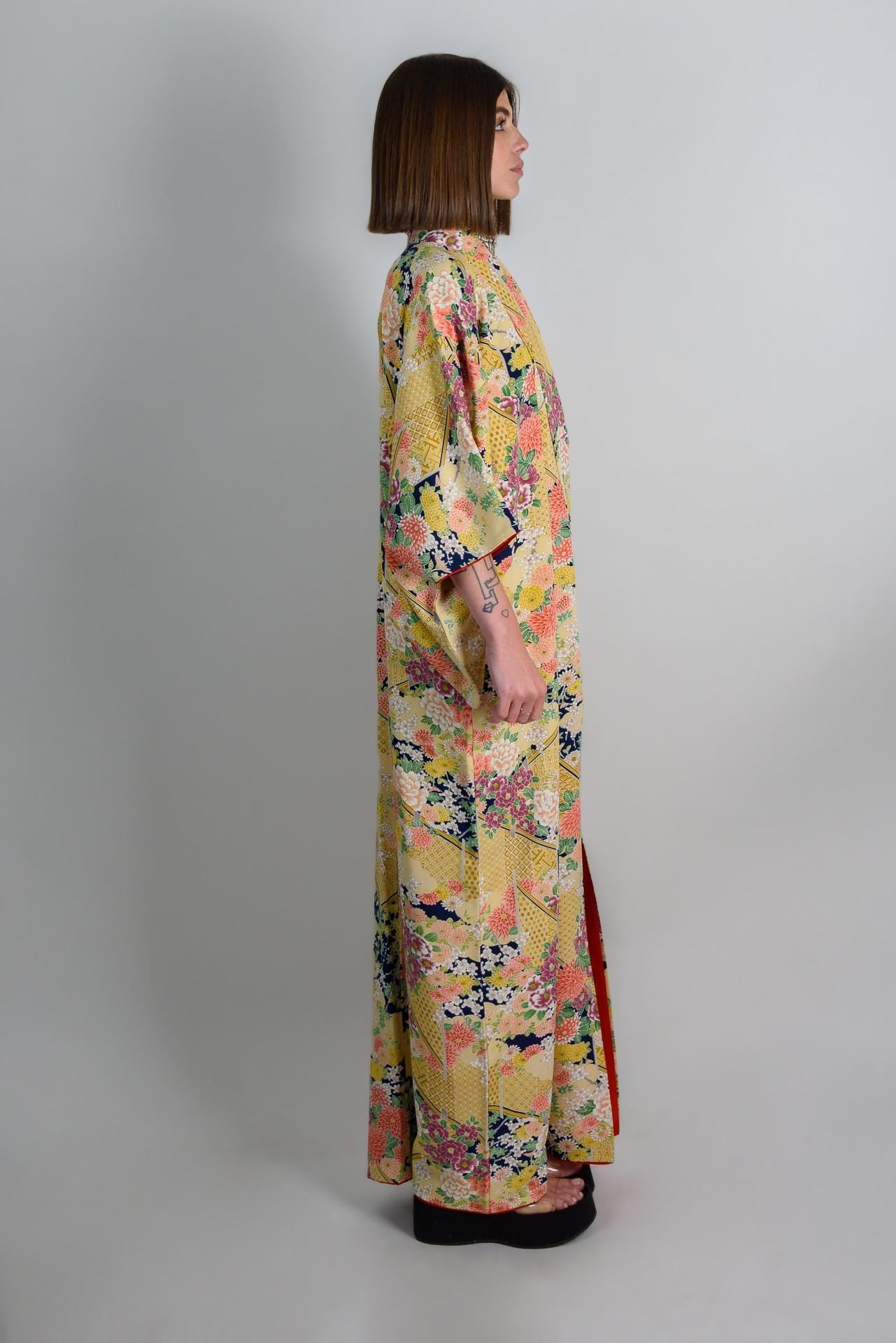Handmade Silk Kimono: Golden Floral Print Japanese Robe