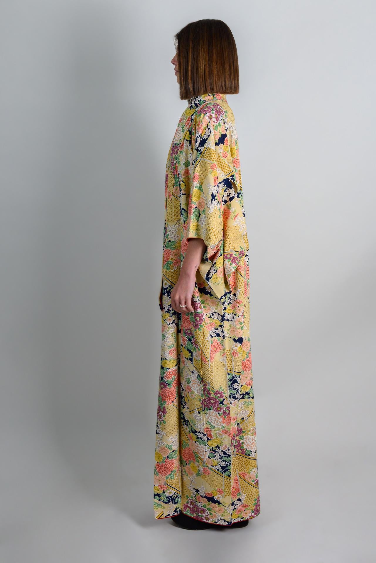 Handmade Silk Kimono: Golden Floral Print Japanese Robe