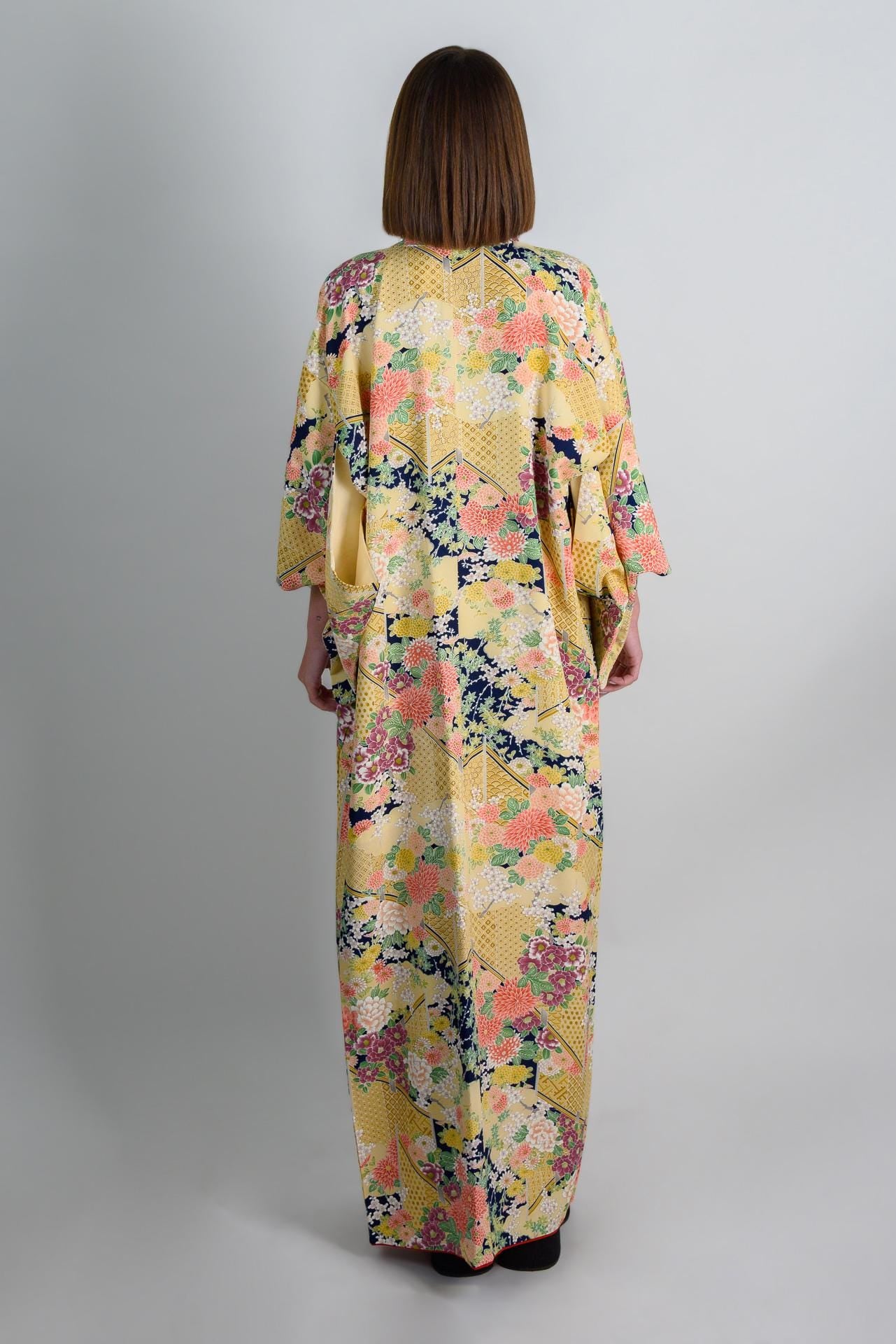 Handmade Silk Kimono: Golden Floral Print Japanese Robe
