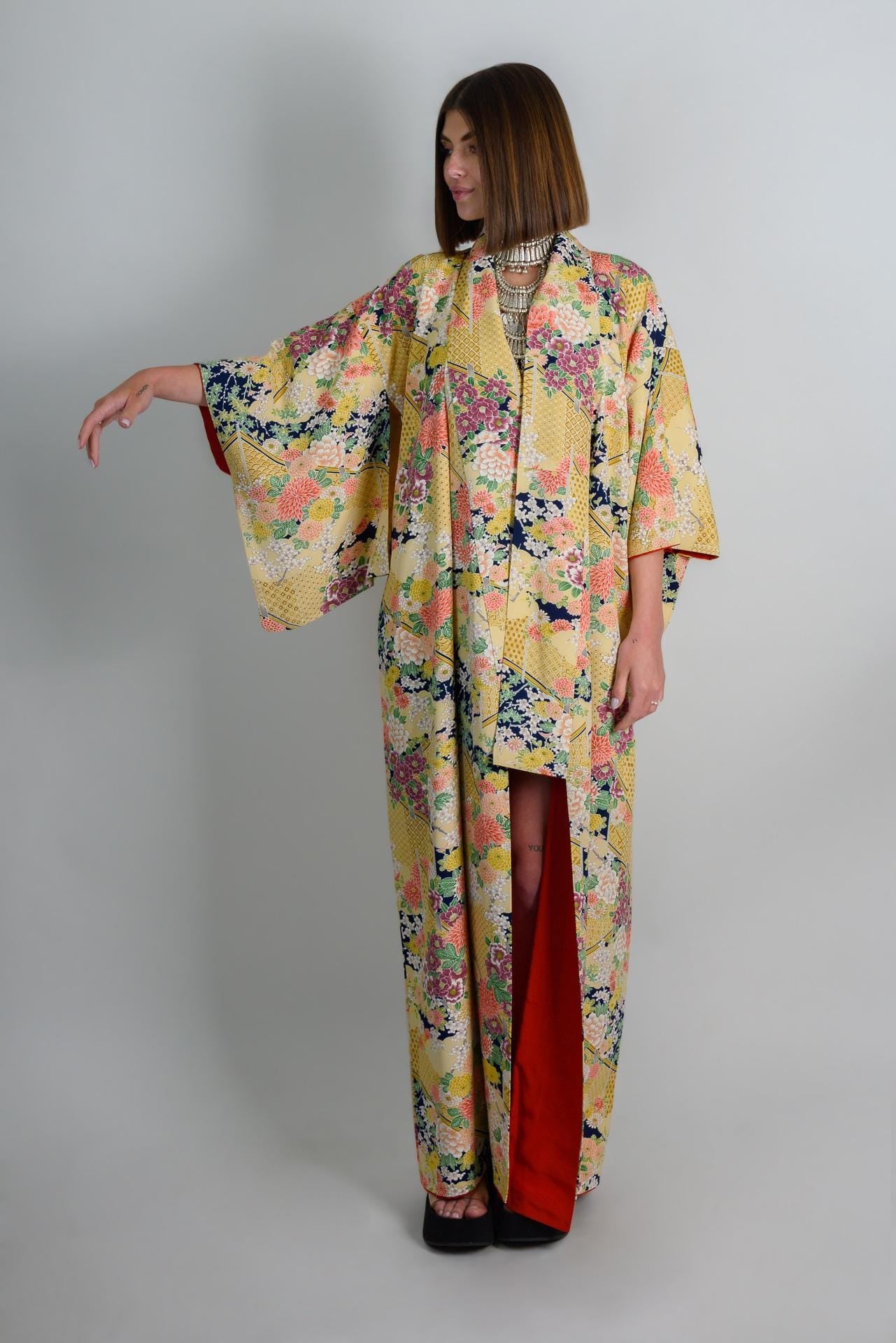 Handmade Silk Kimono: Golden Floral Print Japanese Robe