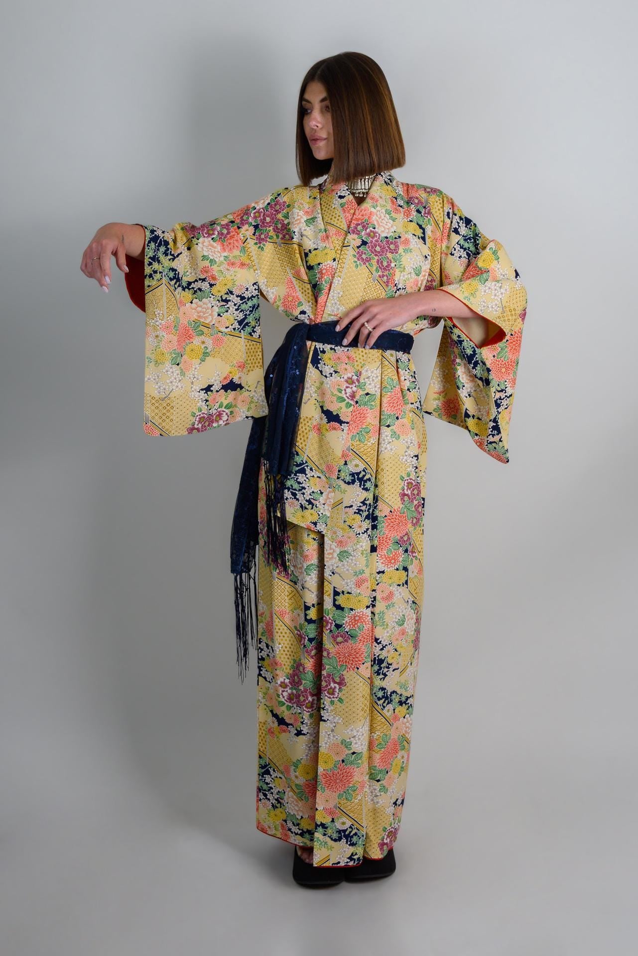 Handmade Silk Kimono: Golden Floral Print Japanese Robe