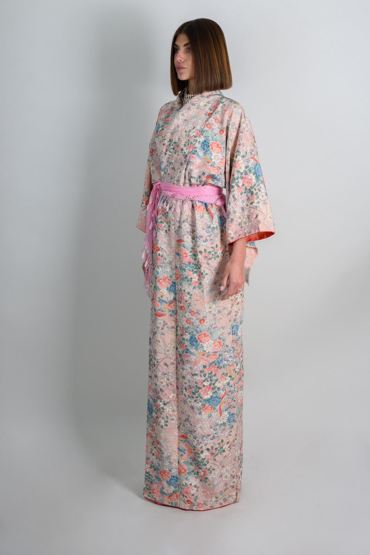 Handmade Silk Kimono | Peach Blossom Floral Japanese Robe