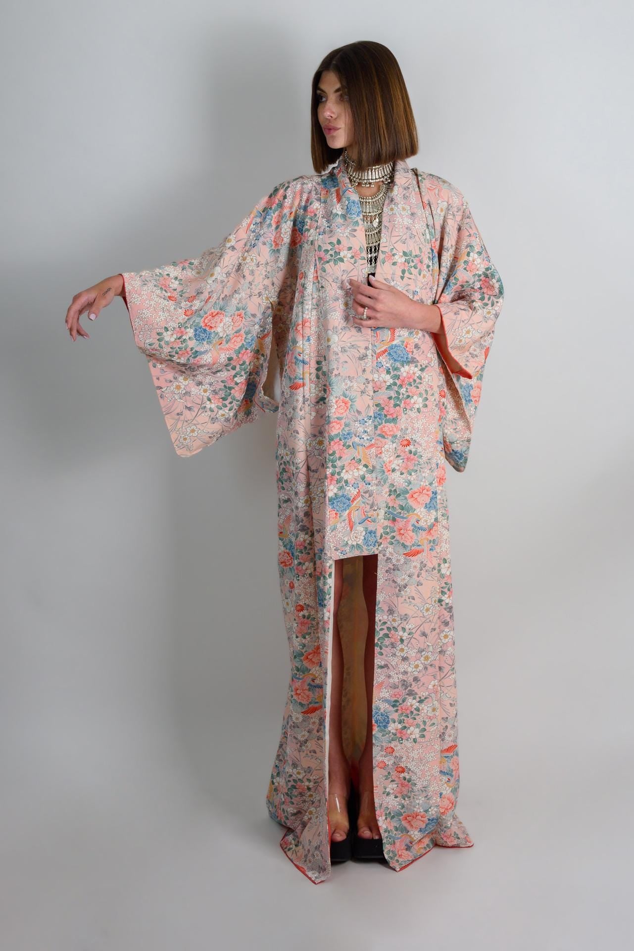Handmade Silk Kimono | Peach Blossom Floral Japanese Robe