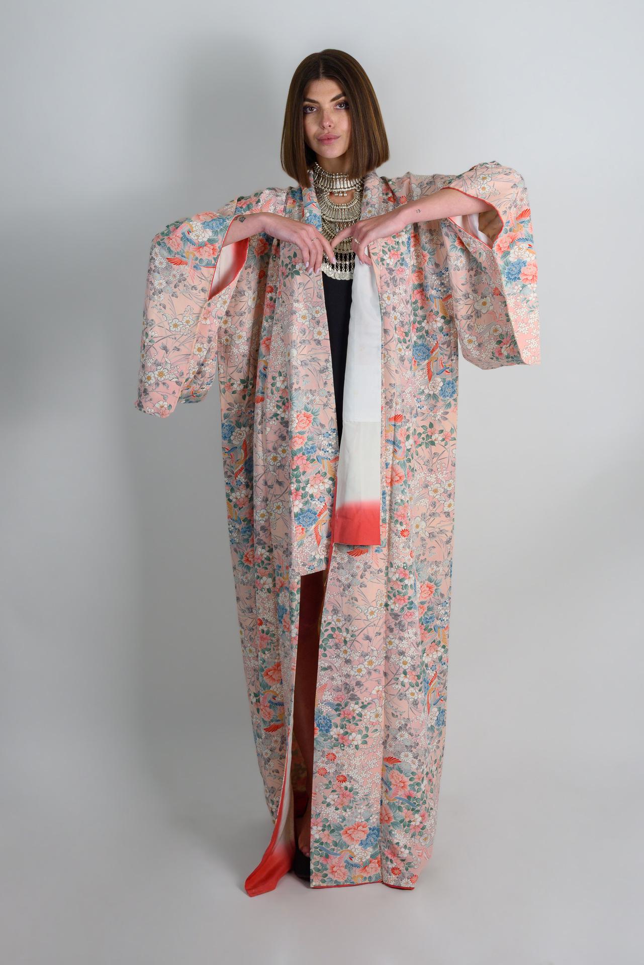 Handmade Silk Kimono | Peach Blossom Floral Japanese Robe