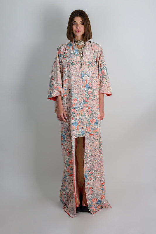 Handmade Silk Kimono | Peach Blossom Floral Japanese Robe