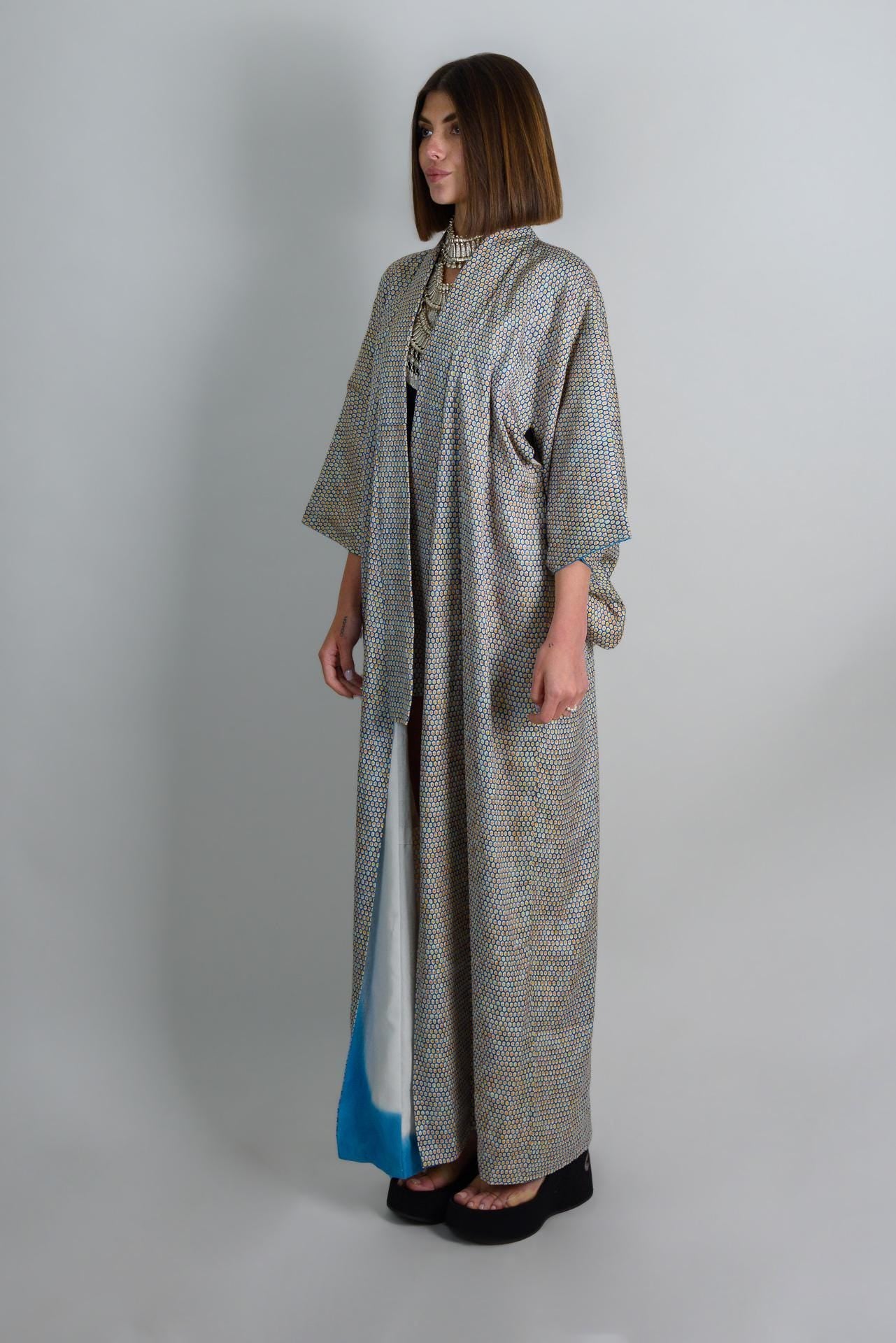 Handmade Silk Kimono Robe: Celestial Geometric Print, Japanese Style