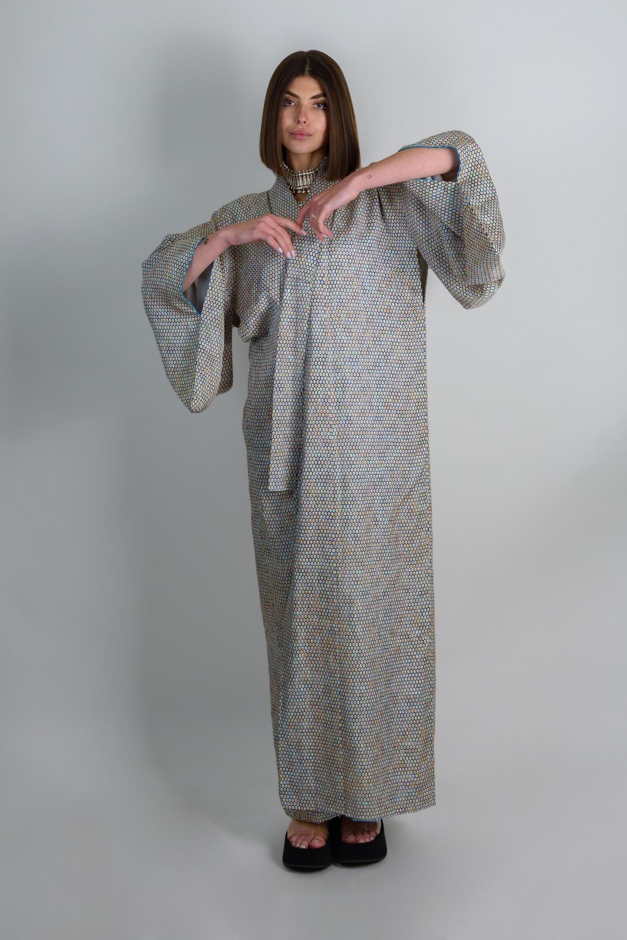 Handmade Silk Kimono Robe: Celestial Geometric Print, Japanese Style