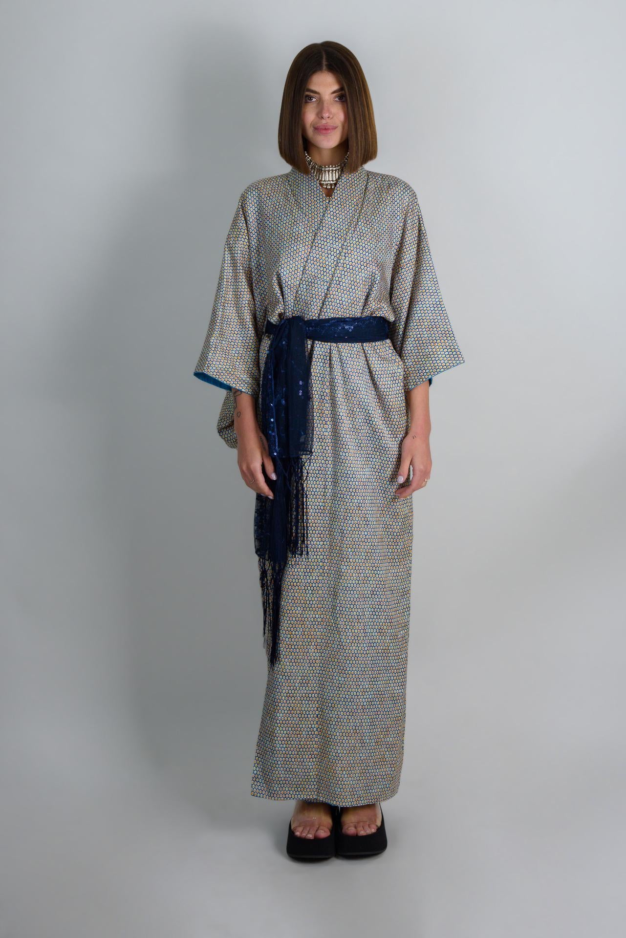 Handmade Silk Kimono Robe: Celestial Geometric Print, Japanese Style