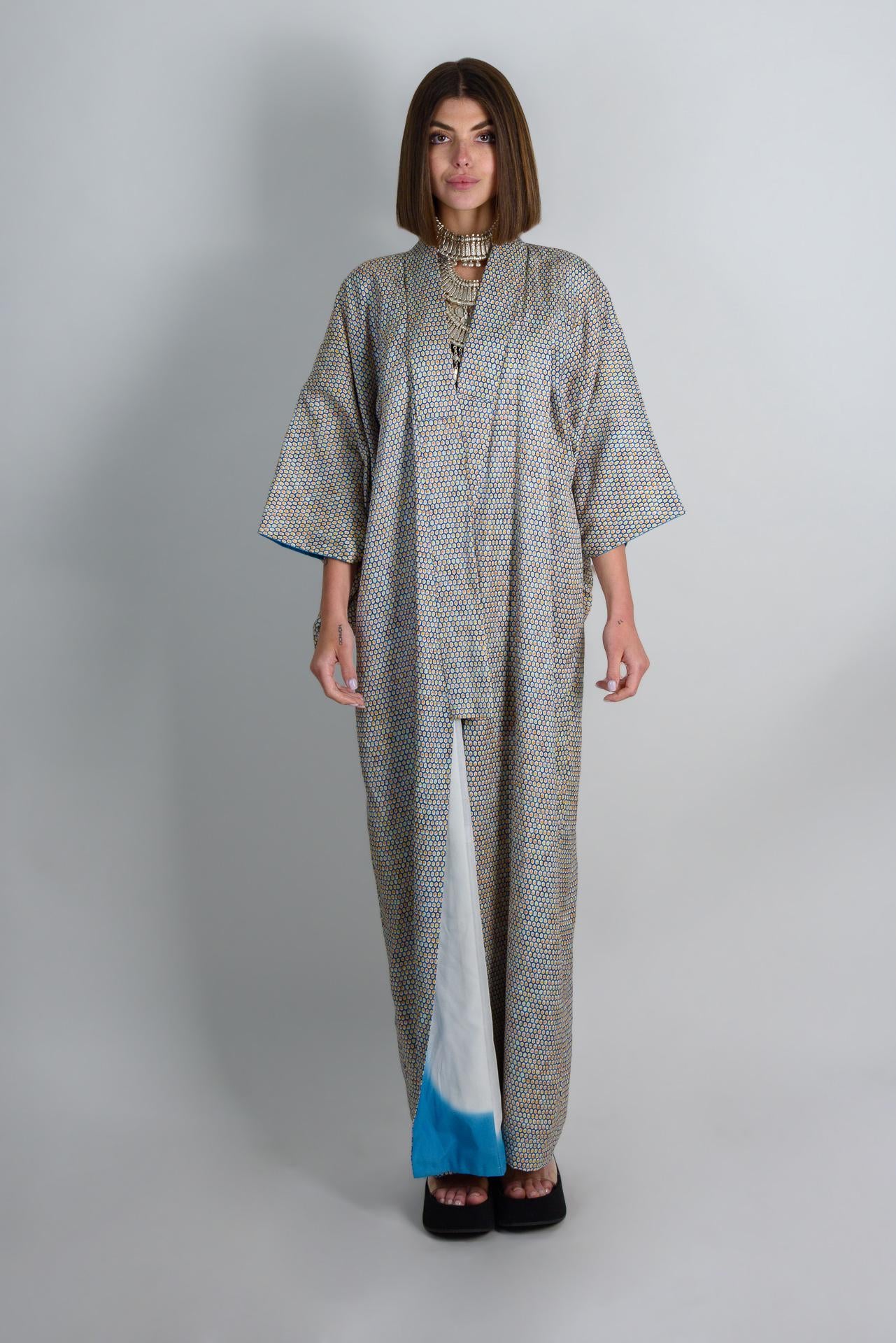 Handmade Silk Kimono Robe: Celestial Geometric Print, Japanese Style