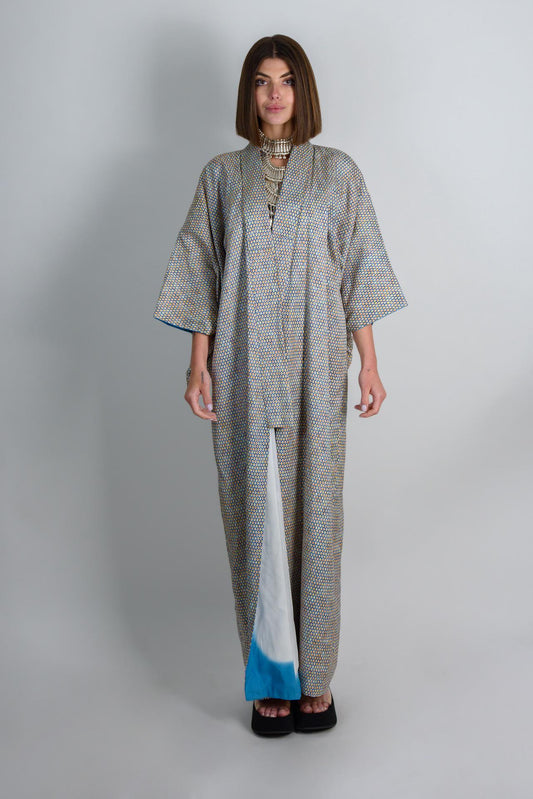 Handmade Silk Kimono Robe: Celestial Geometric Print, Japanese Style