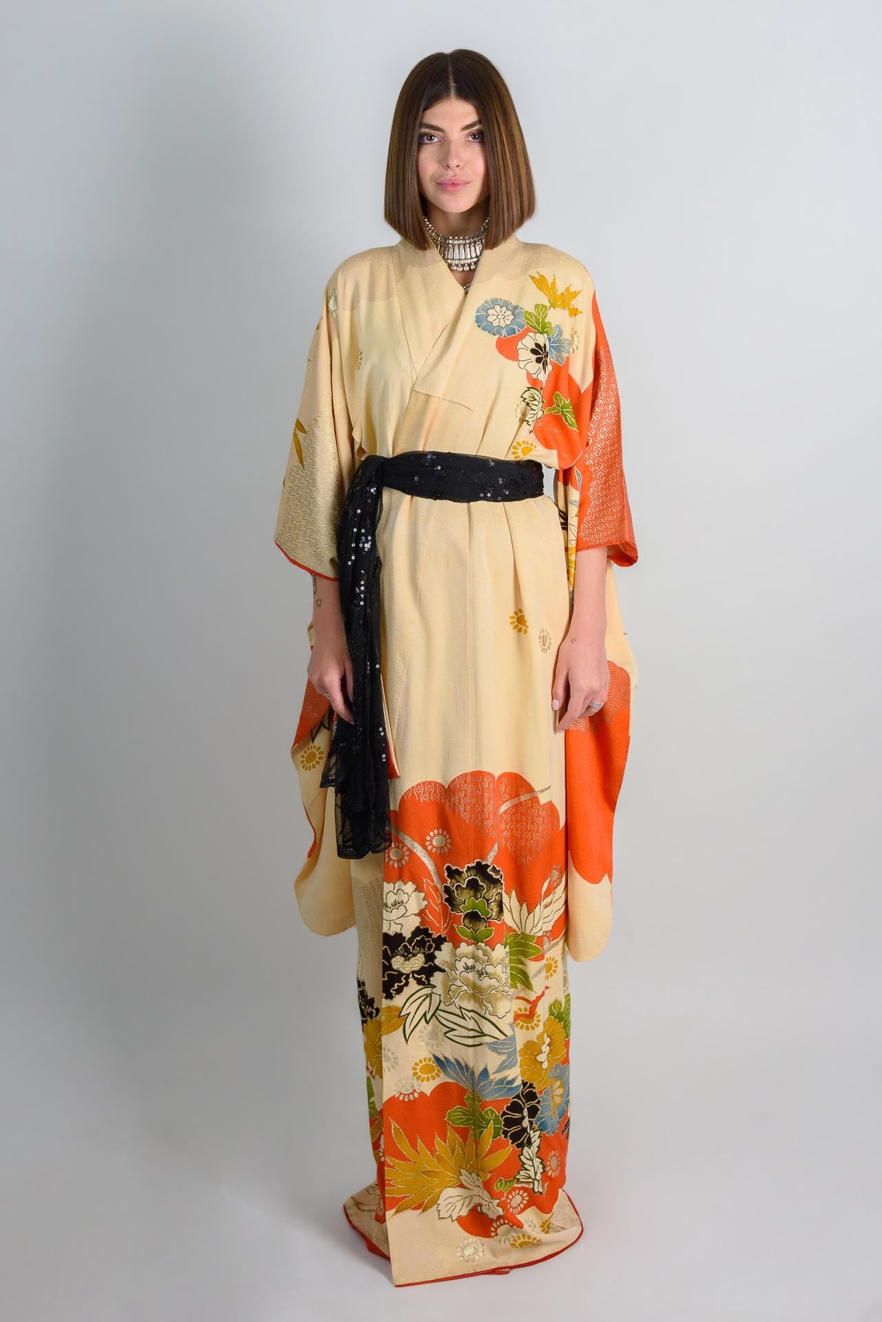 Handmade Silk Kimono | Vermilion Floral Print Boho Robe, Japan