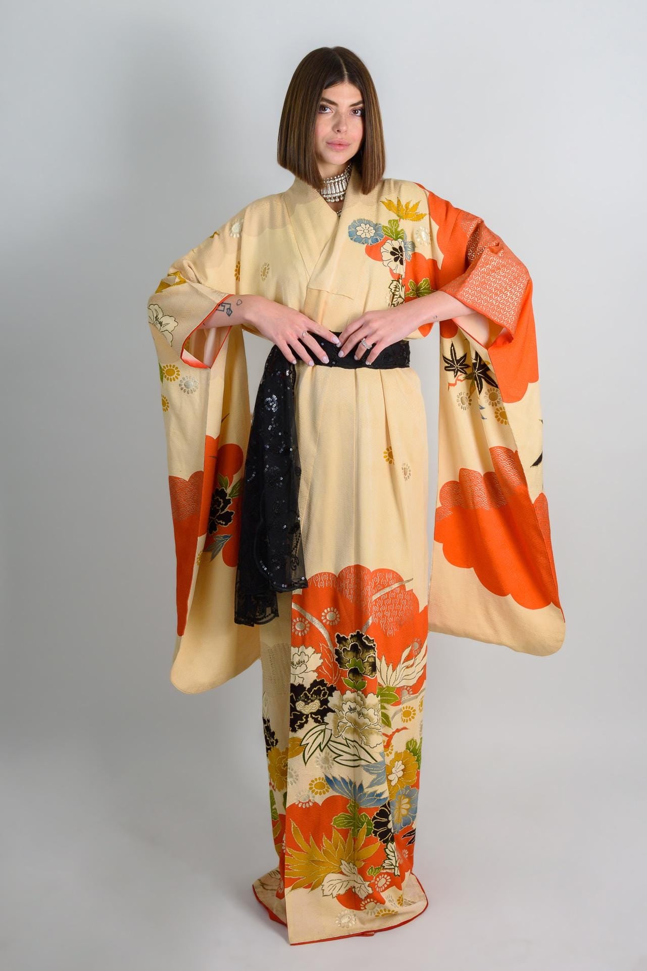 Handmade Silk Kimono | Vermilion Floral Print Boho Robe, Japan