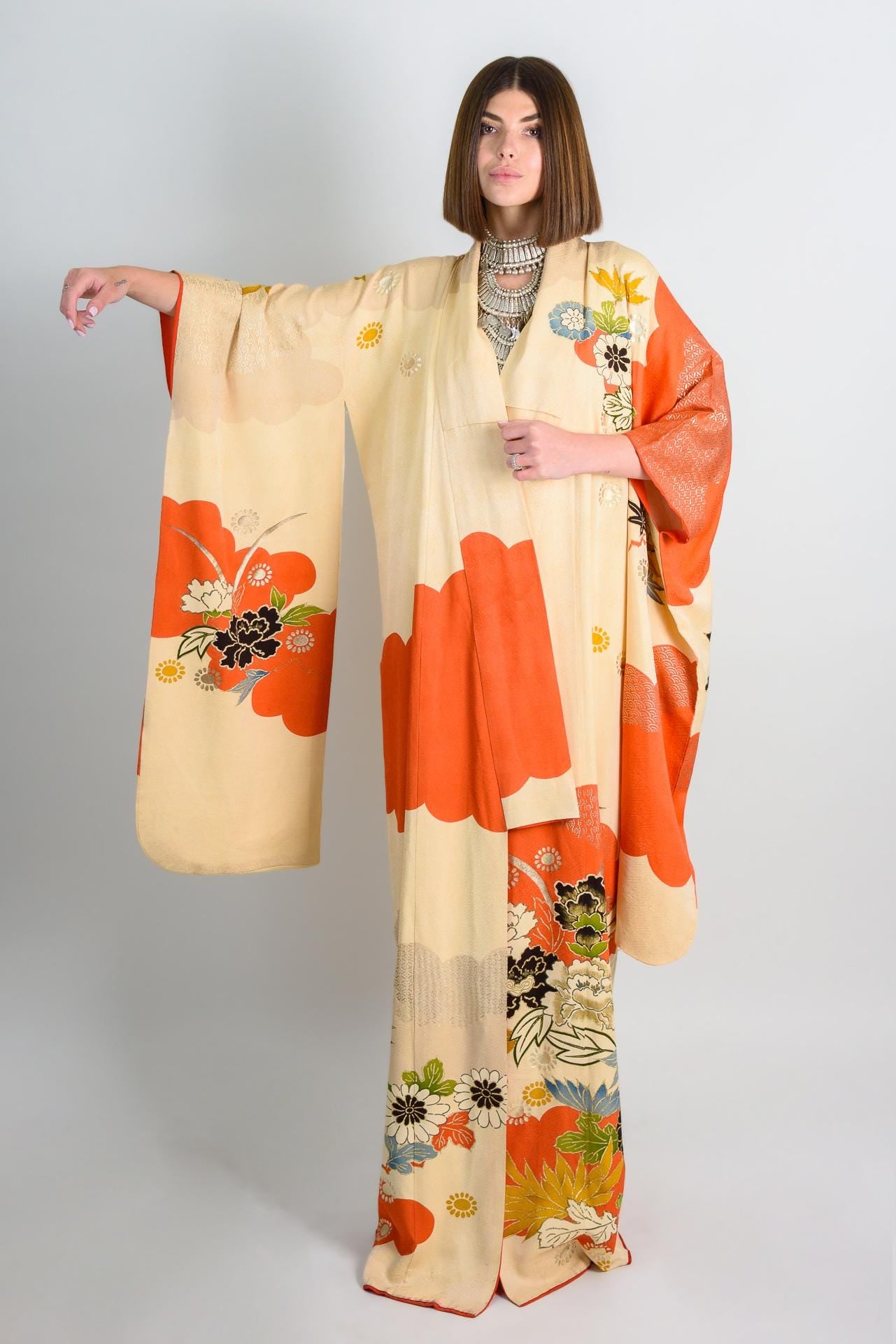 Handmade Silk Kimono | Vermilion Floral Print Boho Robe, Japan