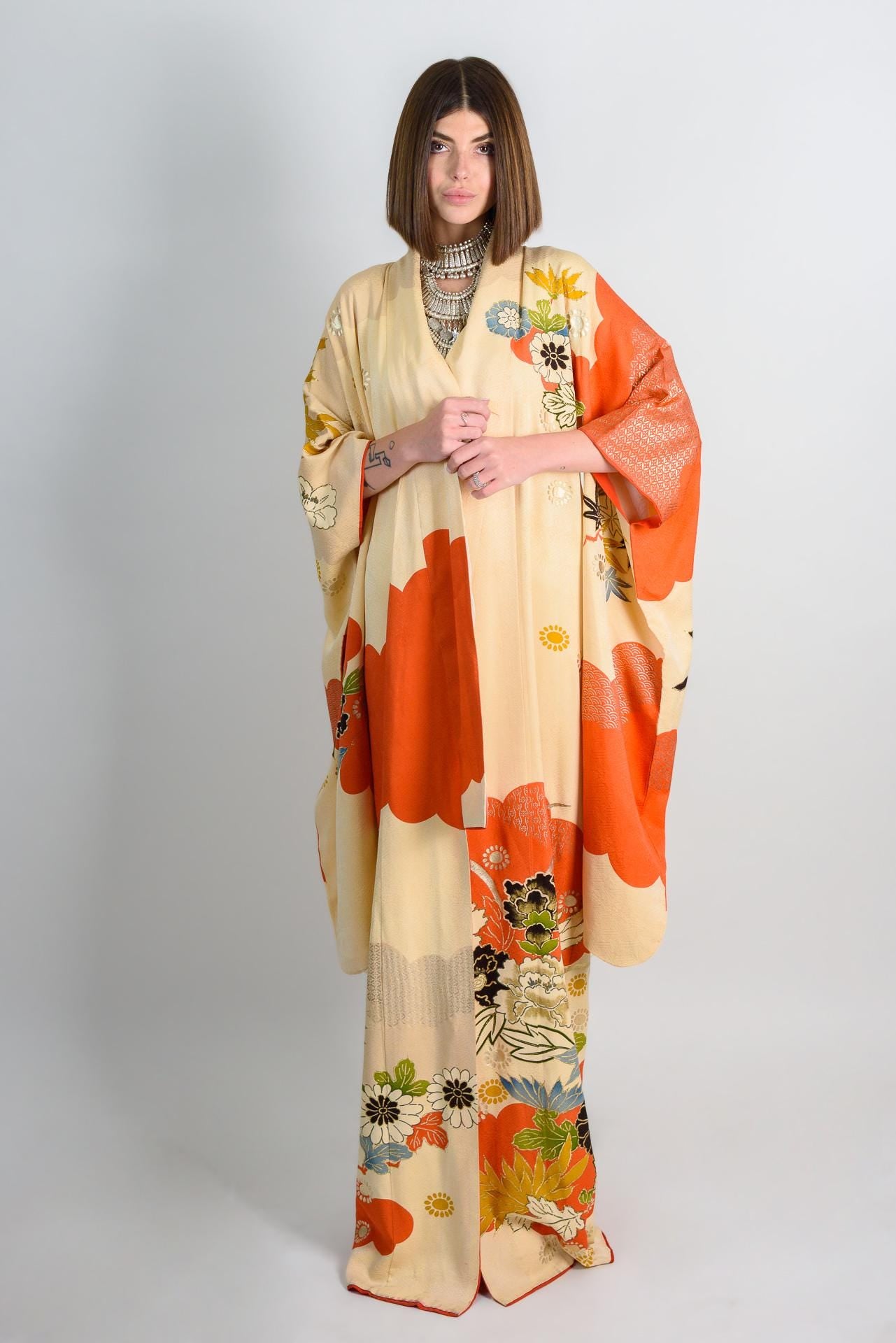 Handmade Silk Kimono | Vermilion Floral Print Boho Robe, Japan