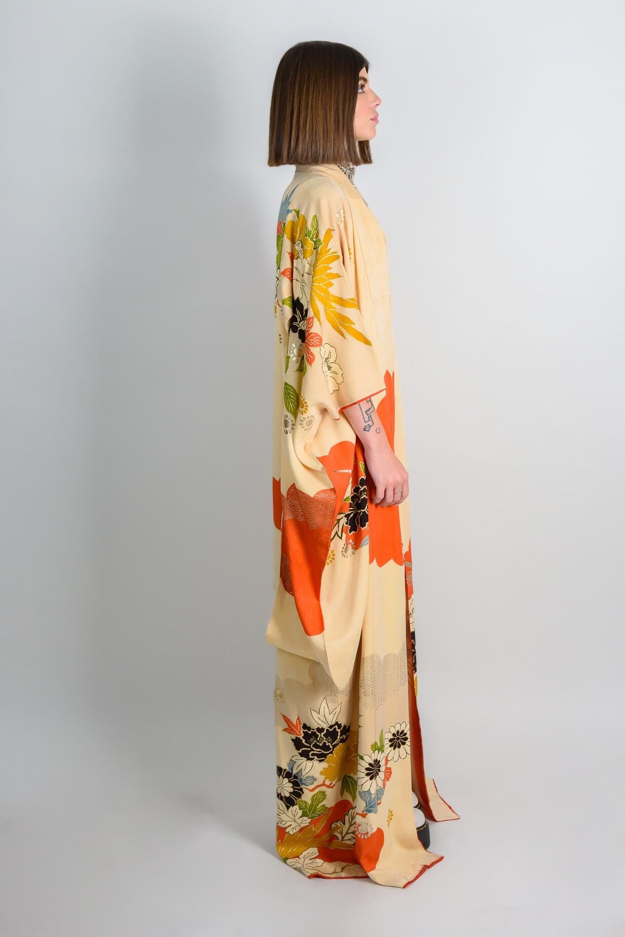 Handmade Silk Kimono | Vermilion Floral Print Boho Robe, Japan