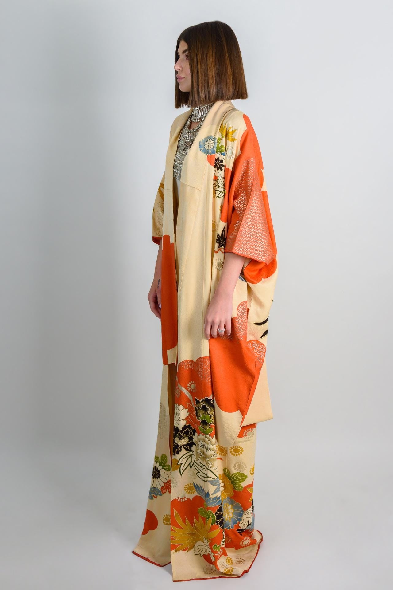 Handmade Silk Kimono | Vermilion Floral Print Boho Robe, Japan