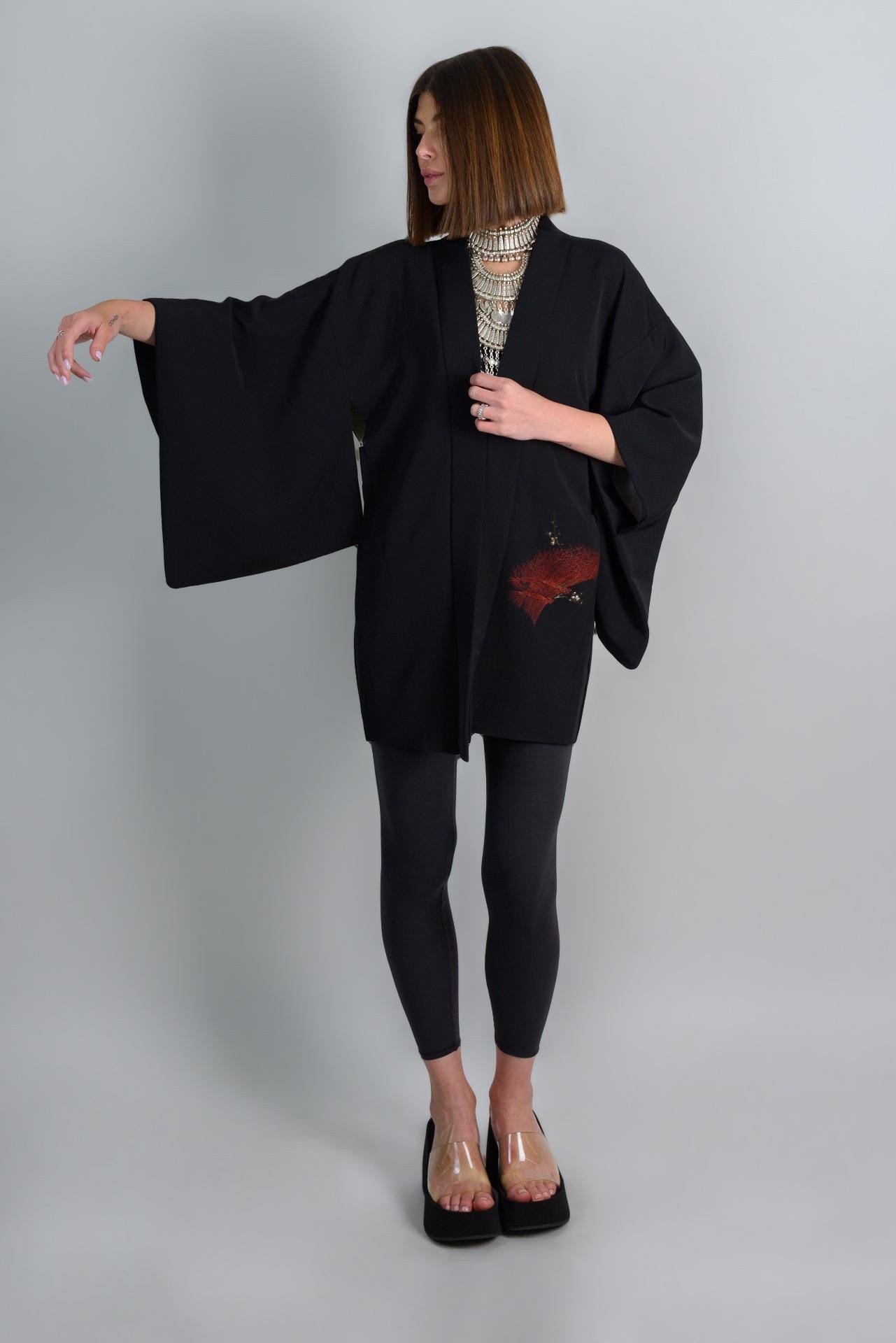 Vintage Silk Haori Kimono: Japanese Forest Print Jacket