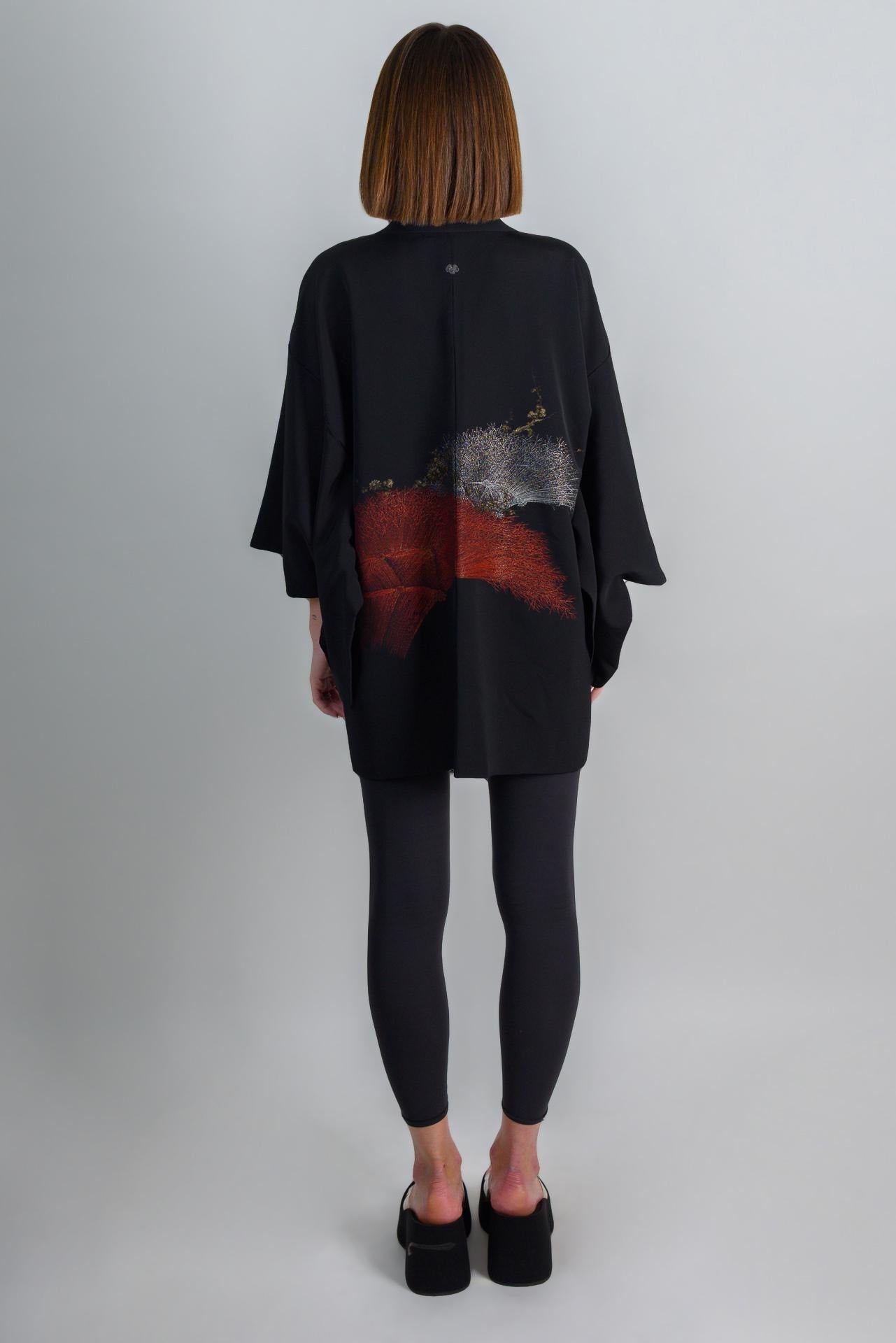Vintage Silk Haori Kimono: Japanese Forest Print Jacket