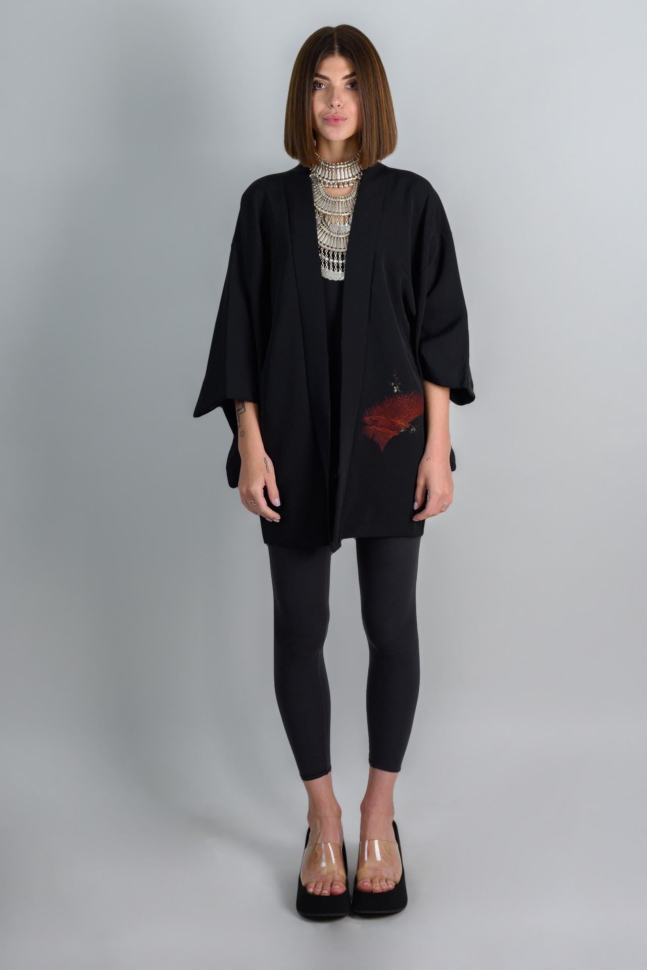 Vintage Silk Haori Kimono: Japanese Forest Print Jacket