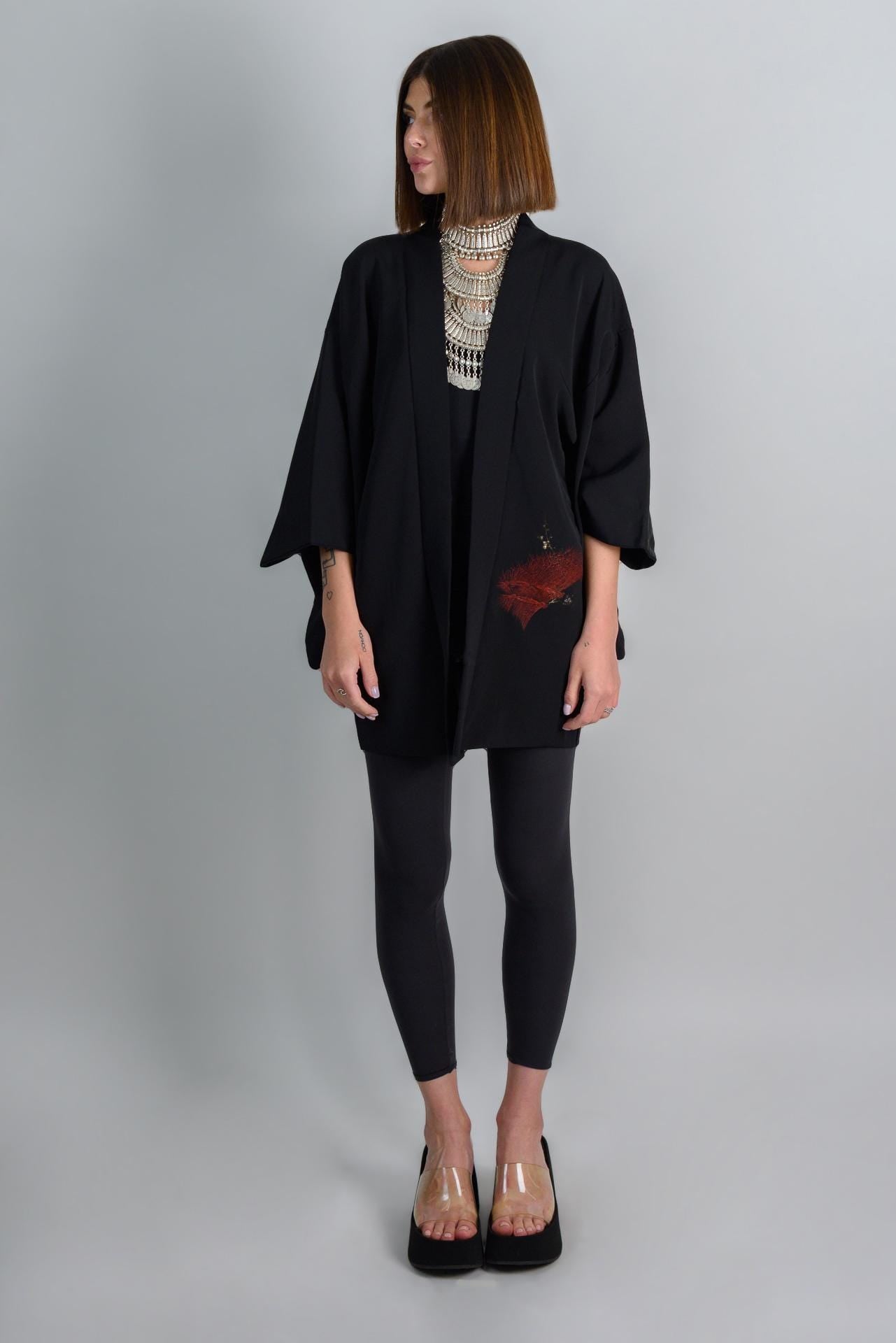 Vintage Silk Haori Kimono: Japanese Forest Print Jacket