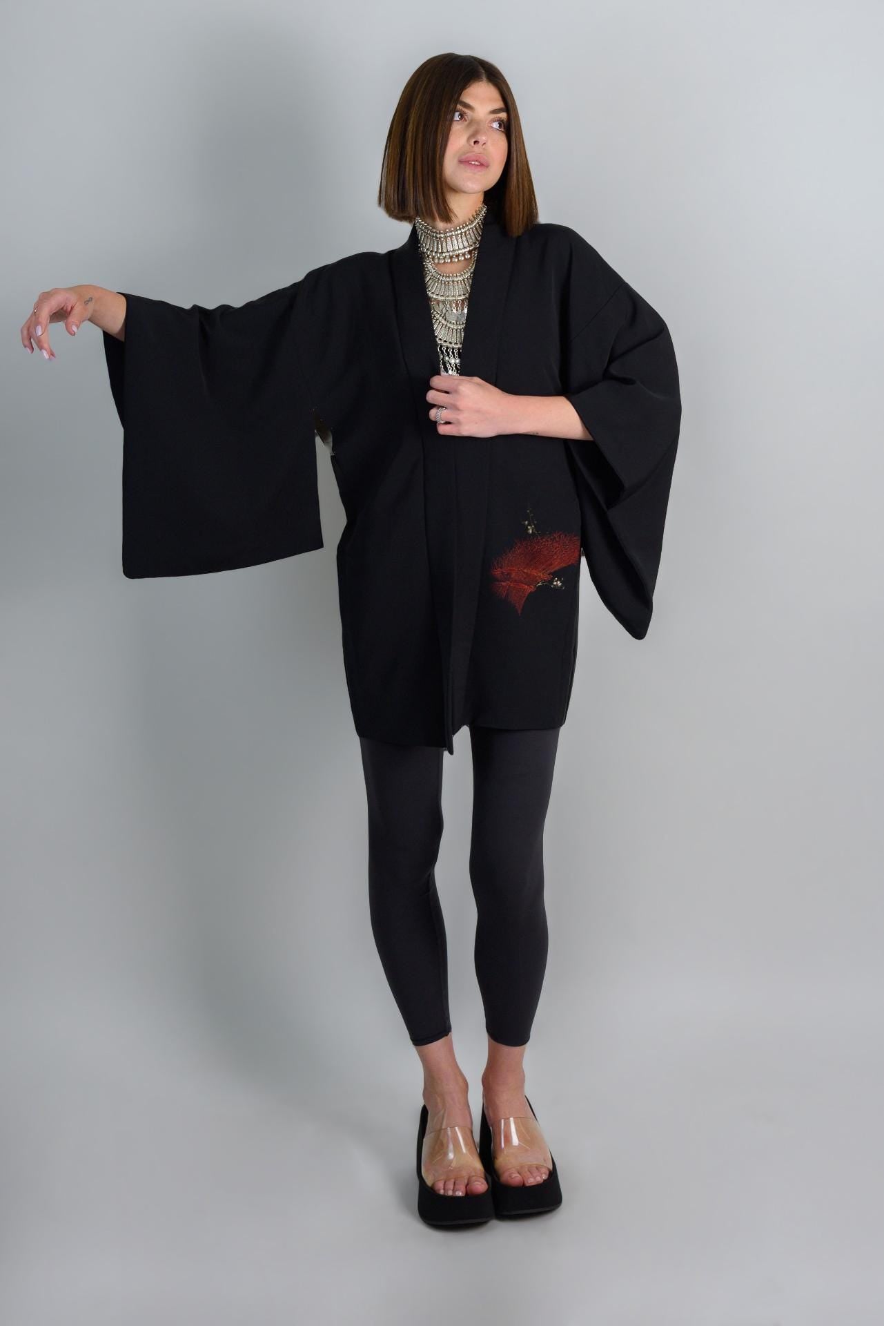 Vintage Silk Haori Kimono: Japanese Forest Print Jacket