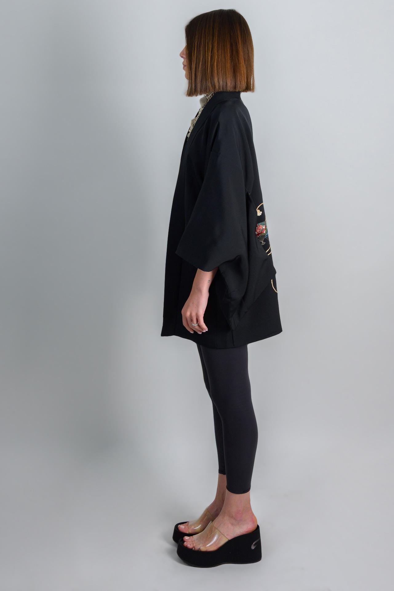 Black Silk Haori Kimono | Embroidered Dancing Fans, Japanese Jacket