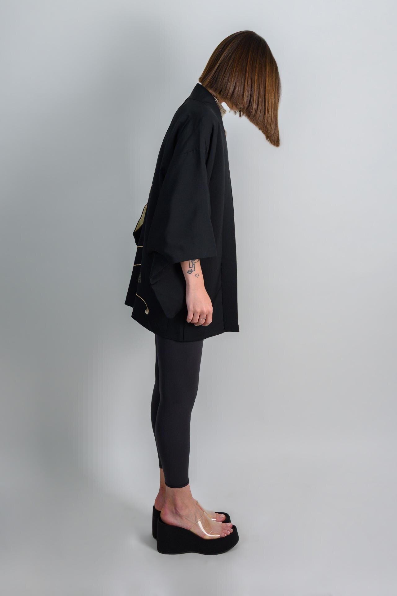 Black Silk Haori Kimono | Embroidered Dancing Fans, Japanese Jacket