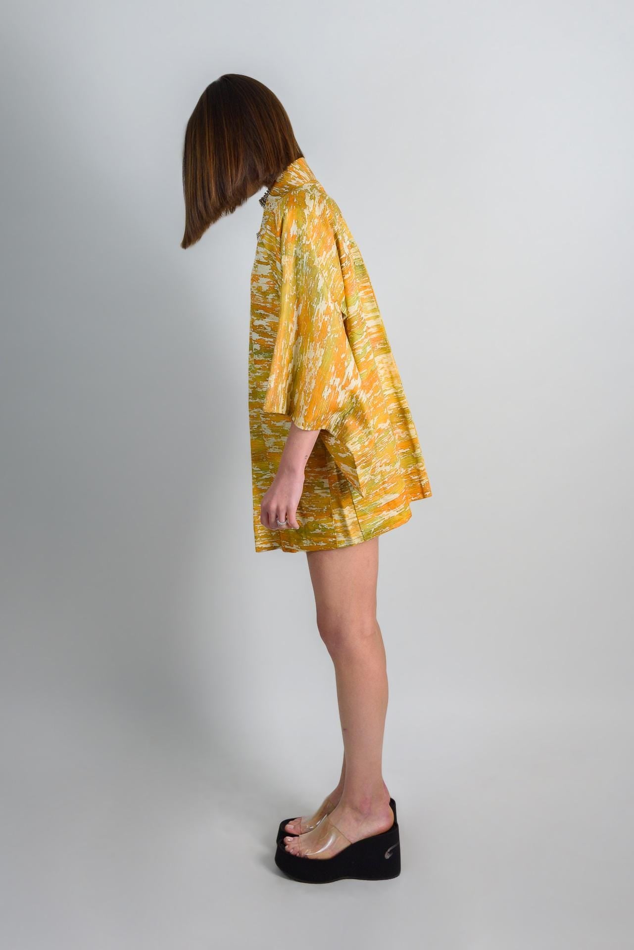Handmade Silk Haori Kimono Jacket | Abstract Golden Yellow Japanese Robe