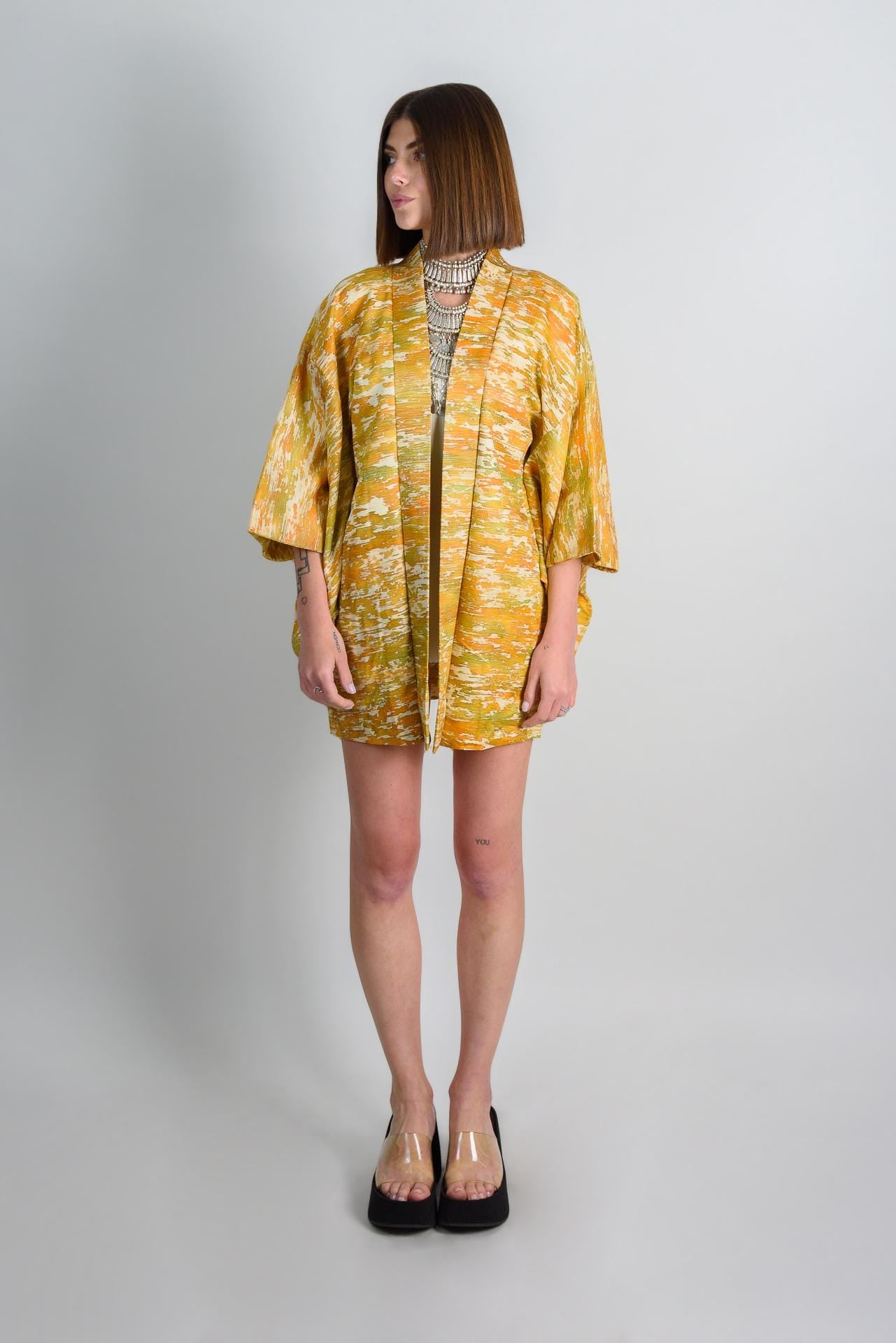 Handmade Silk Haori Kimono Jacket | Abstract Golden Yellow Japanese Robe