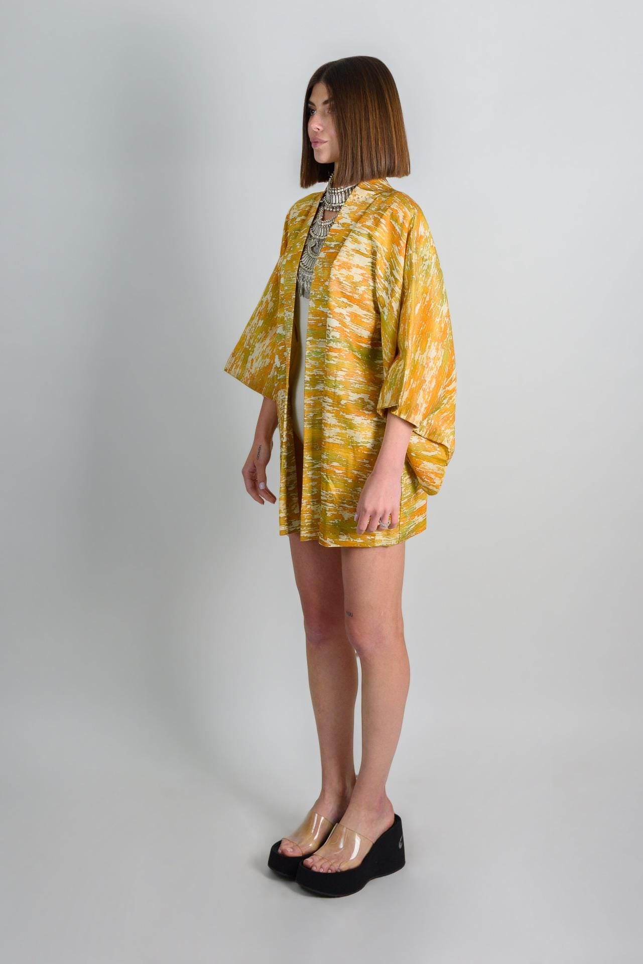 Handmade Silk Haori Kimono Jacket | Abstract Golden Yellow Japanese Robe