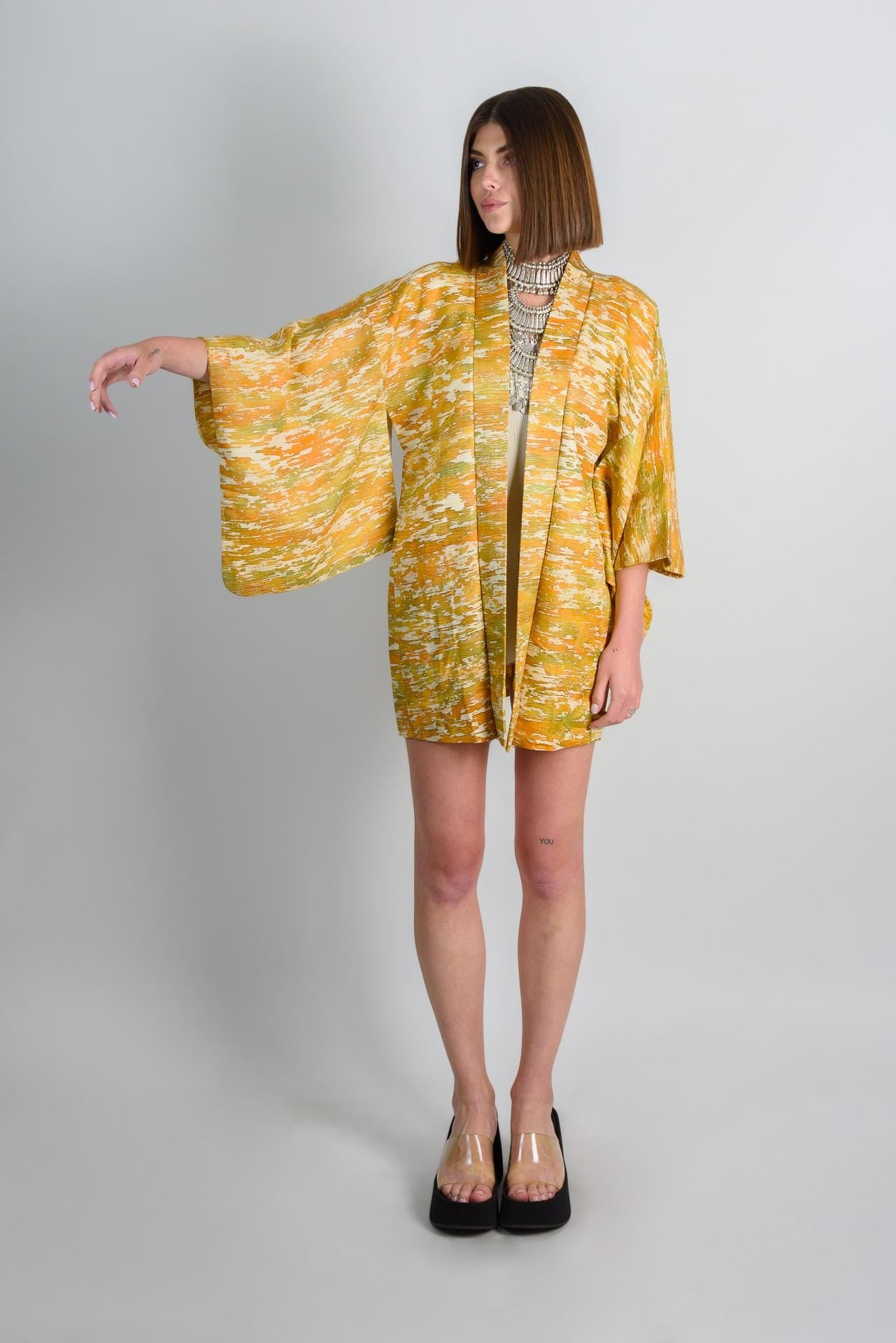 Handmade Silk Haori Kimono Jacket | Abstract Golden Yellow Japanese Robe