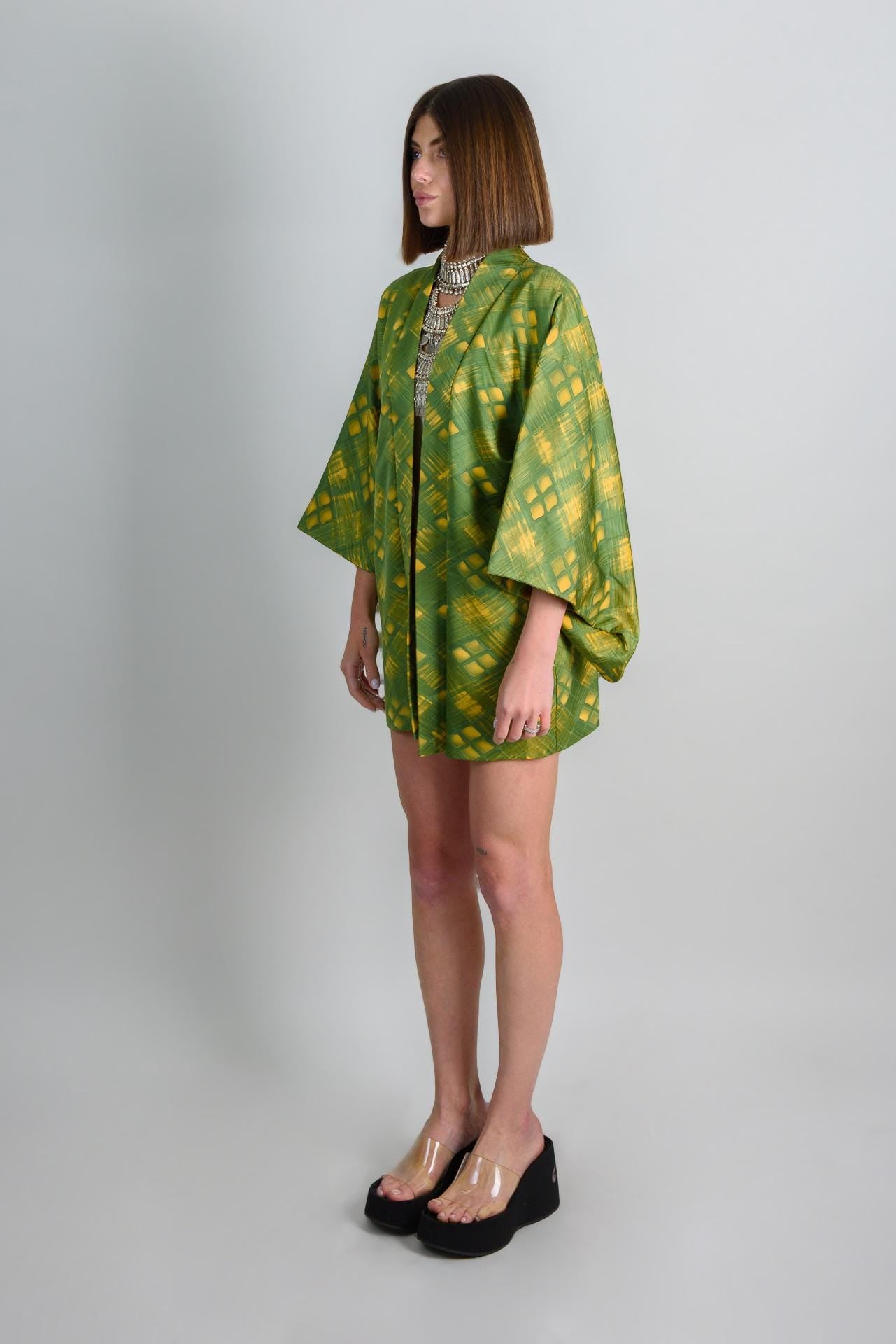 Green Silk Haori: Japanese Shibori Kimono Jacket