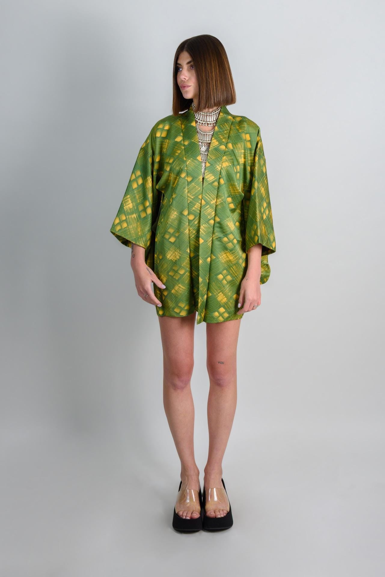 Green Silk Haori: Japanese Shibori Kimono Jacket