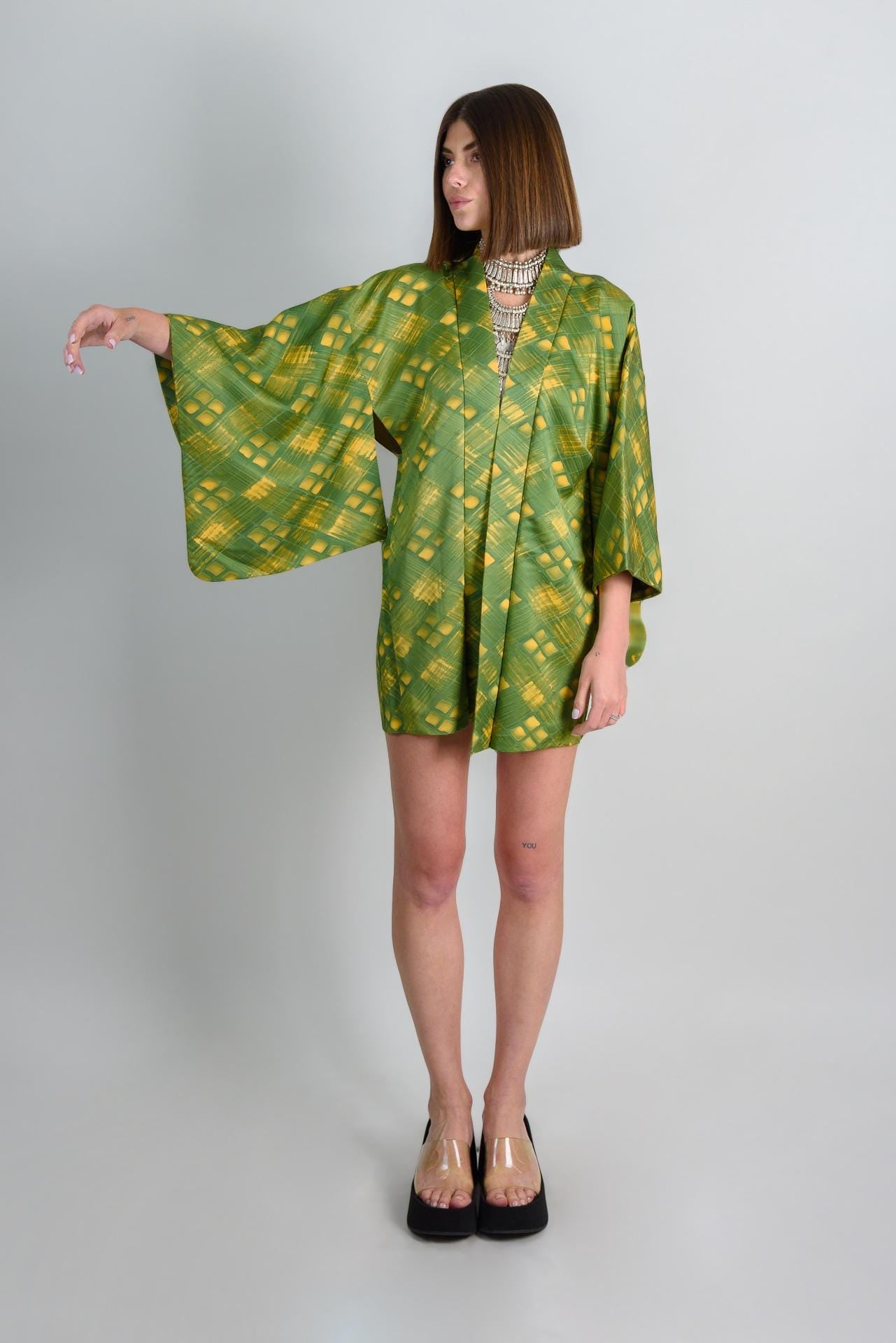 Green Silk Haori: Japanese Shibori Kimono Jacket