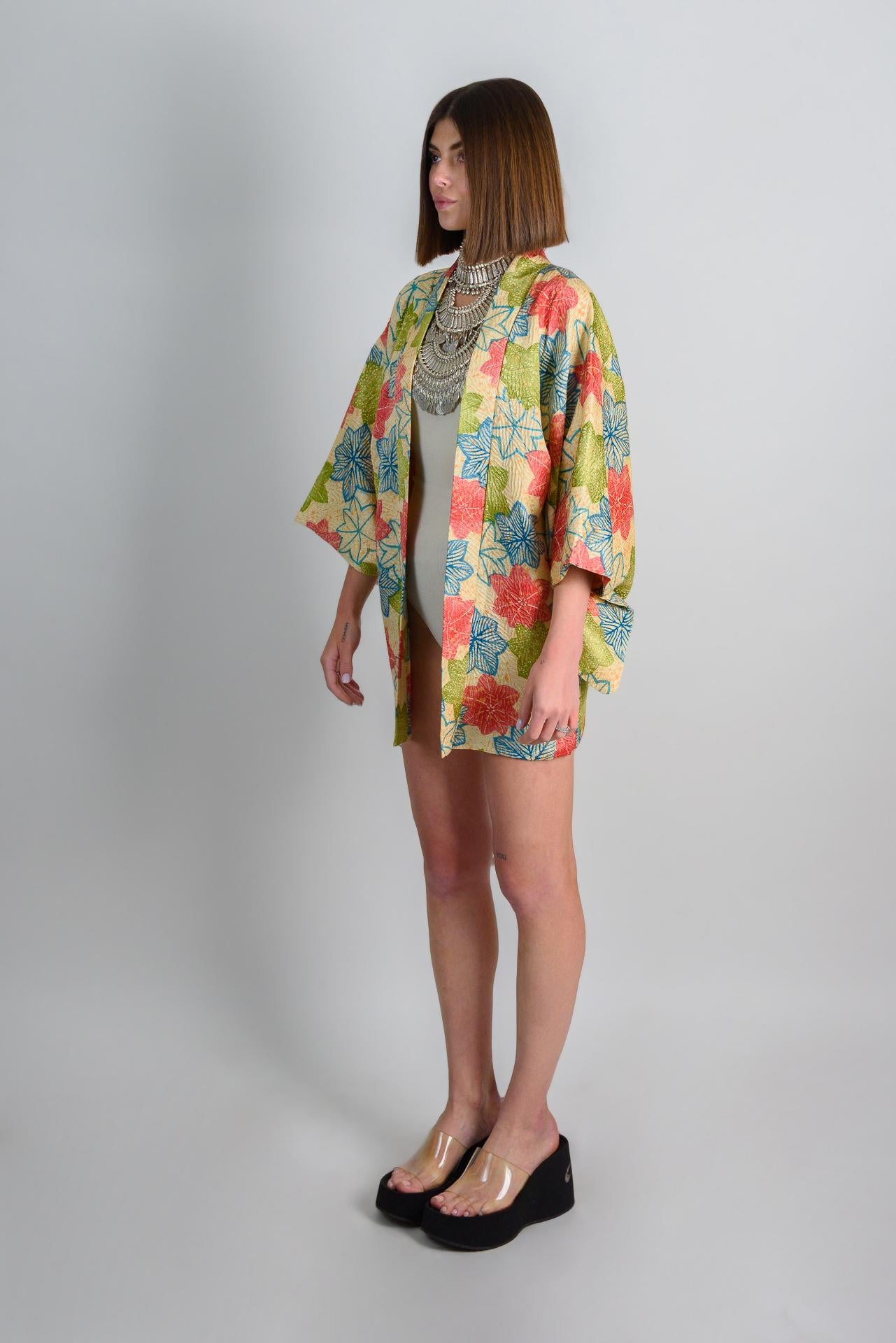 Silk Haori Kimono: Japanese Maple Leaf Print, Boho Festival Robe
