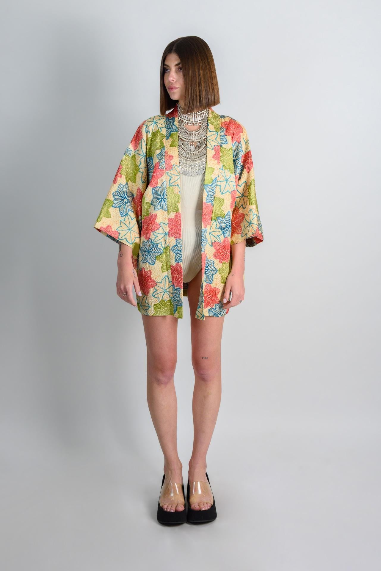 Silk Haori Kimono: Japanese Maple Leaf Print, Boho Festival Robe