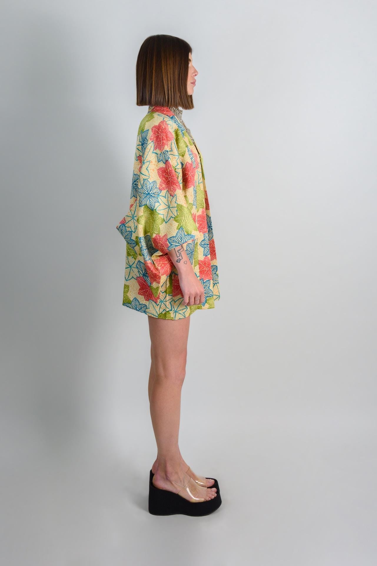 Silk Haori Kimono: Japanese Maple Leaf Print, Boho Festival Robe