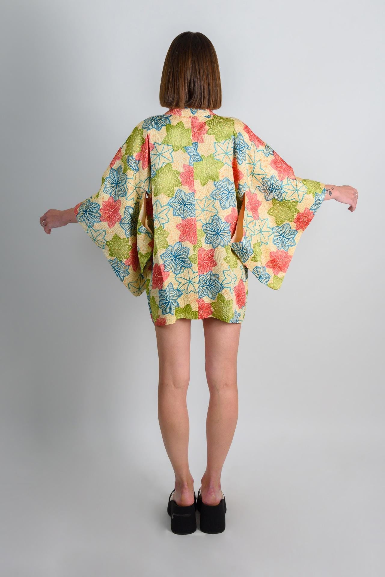 Silk Haori Kimono: Japanese Maple Leaf Print, Boho Festival Robe