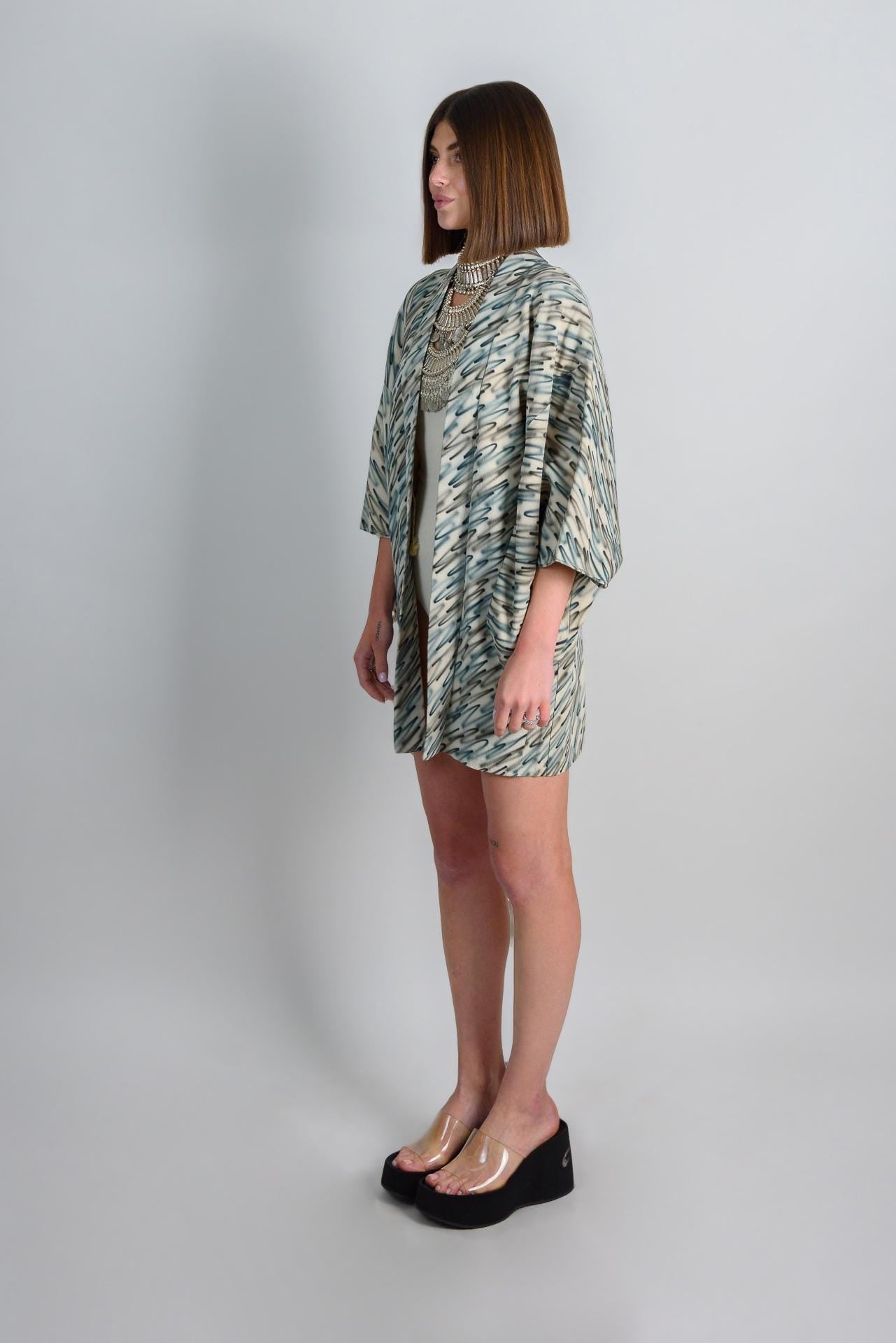 Silk Haori Kimono: Japanese Bohemian Robe, Abstract Brushstroke Jacket