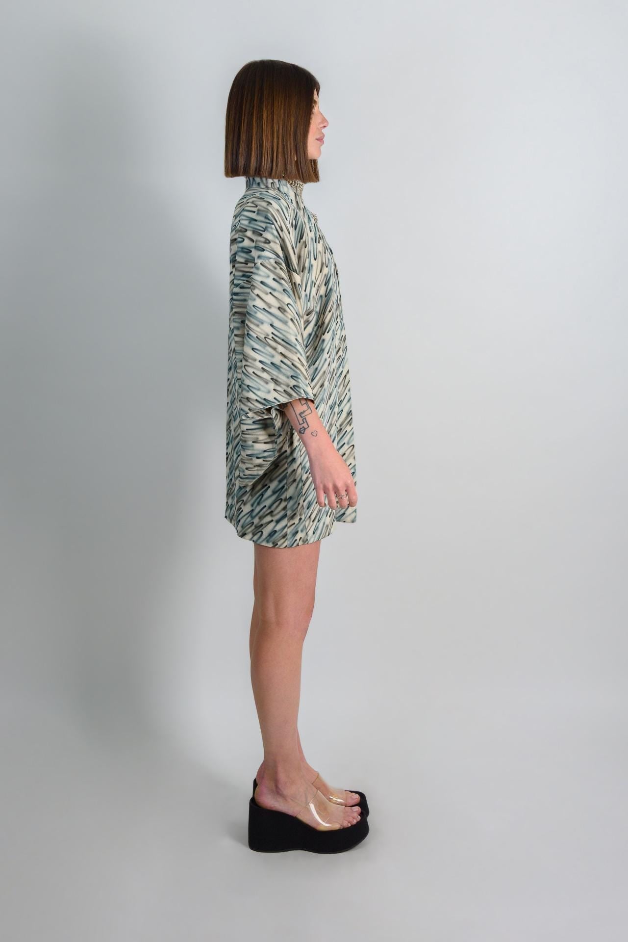 Silk Haori Kimono: Japanese Bohemian Robe, Abstract Brushstroke Jacket