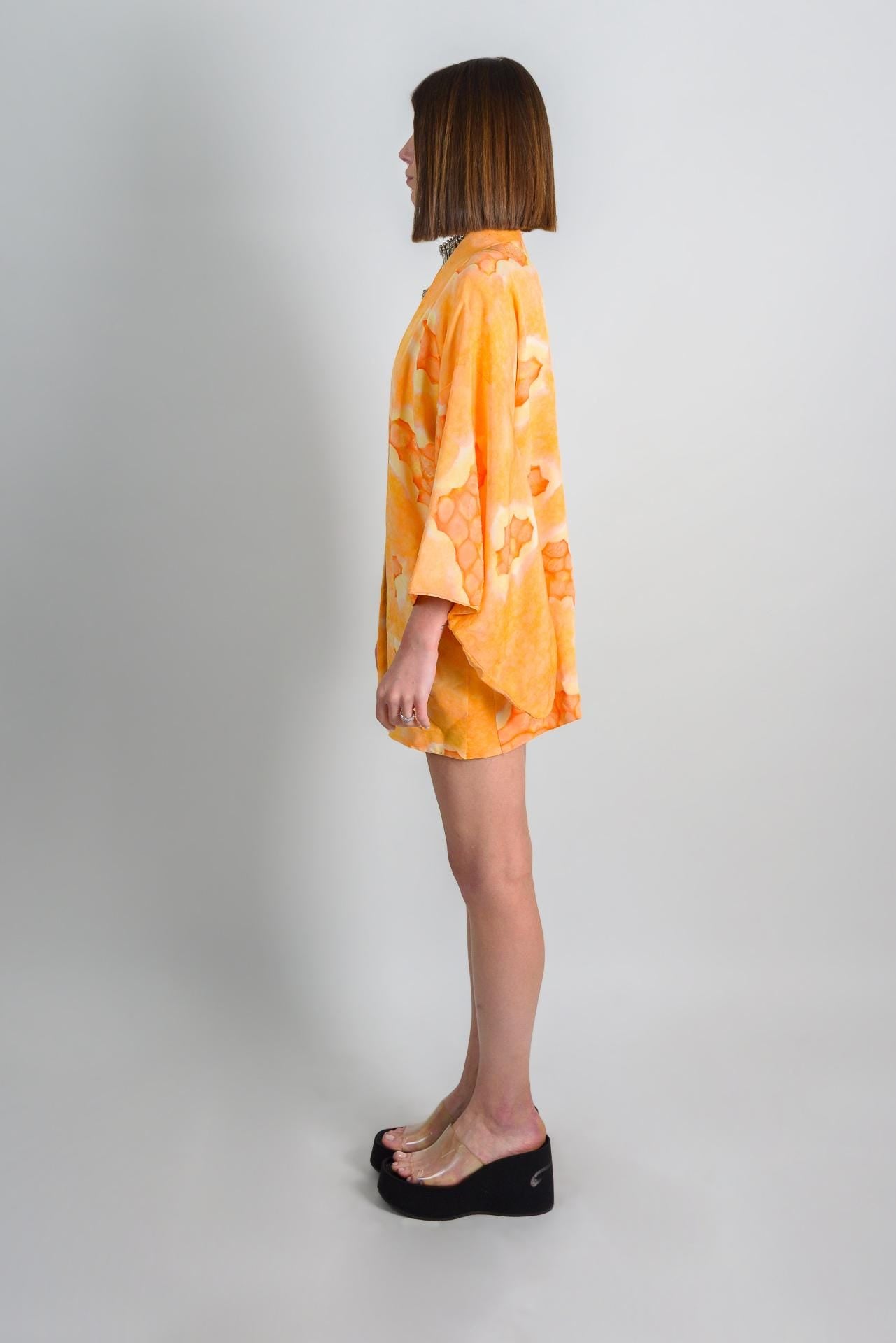 Handmade Silk Haori Kimono: Japanese Robe, Orange Citrus Print