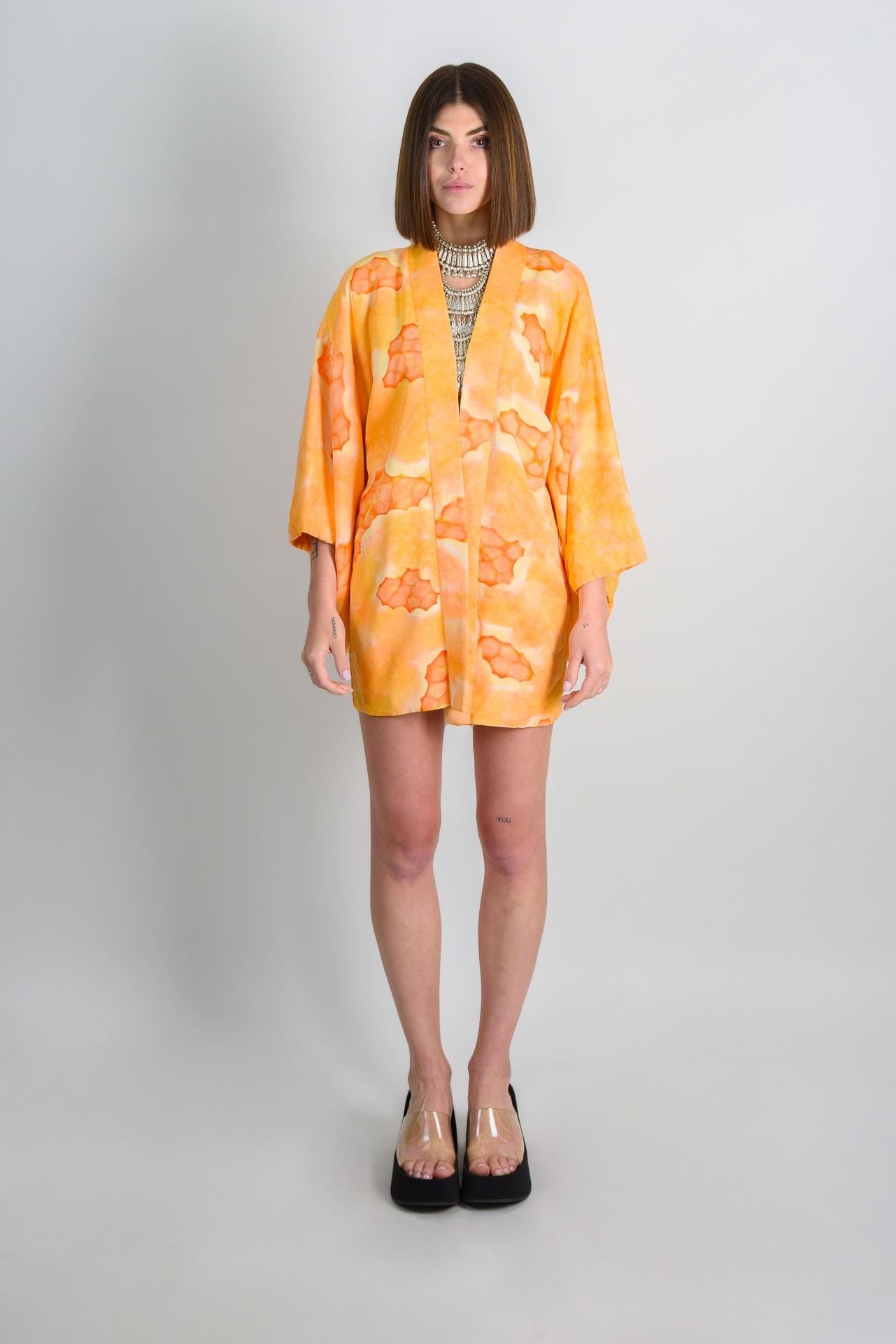 Handmade Silk Haori Kimono: Japanese Robe, Orange Citrus Print
